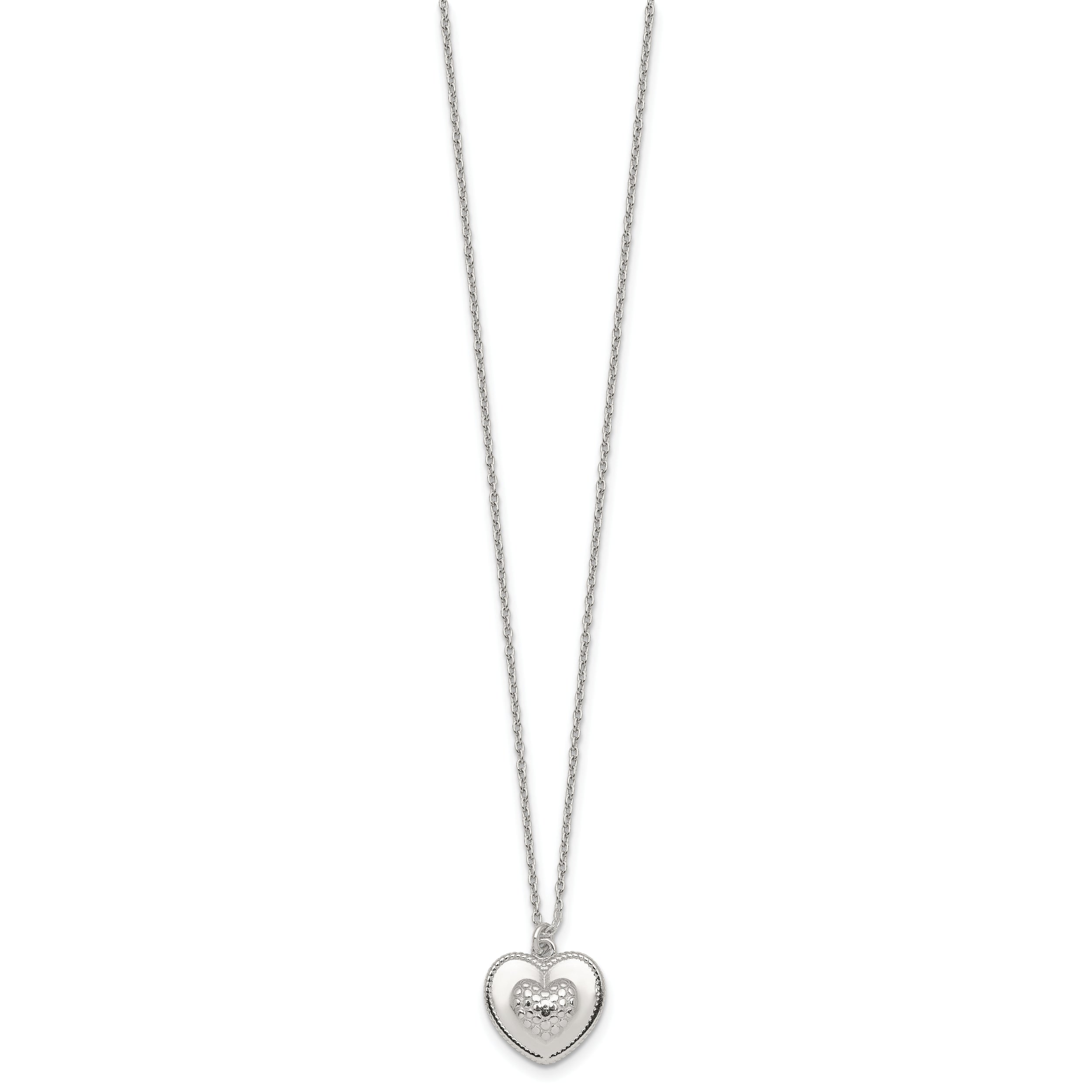 Sterling Silver Polished and Textured Heart 16 inch with 2 inch Extension Necklace