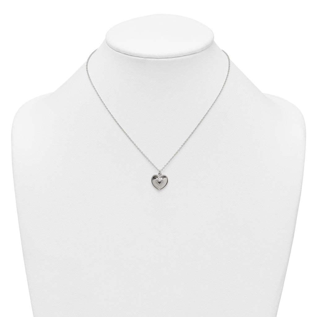 Sterling Silver Polished and Textured Heart 16 inch with 2 inch Extension Necklace
