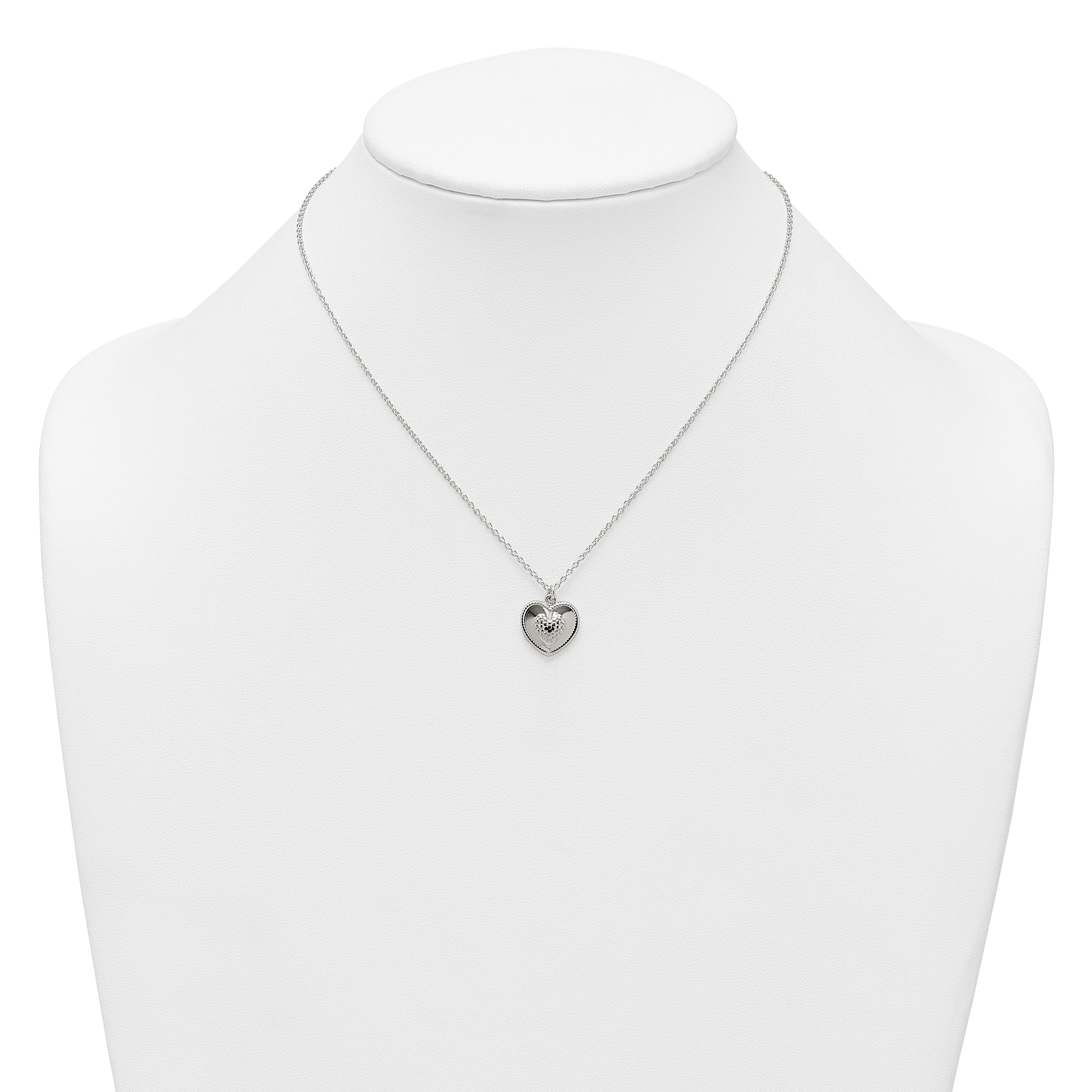Sterling Silver Polished and Textured Heart 16 inch with 2 inch Extension Necklace