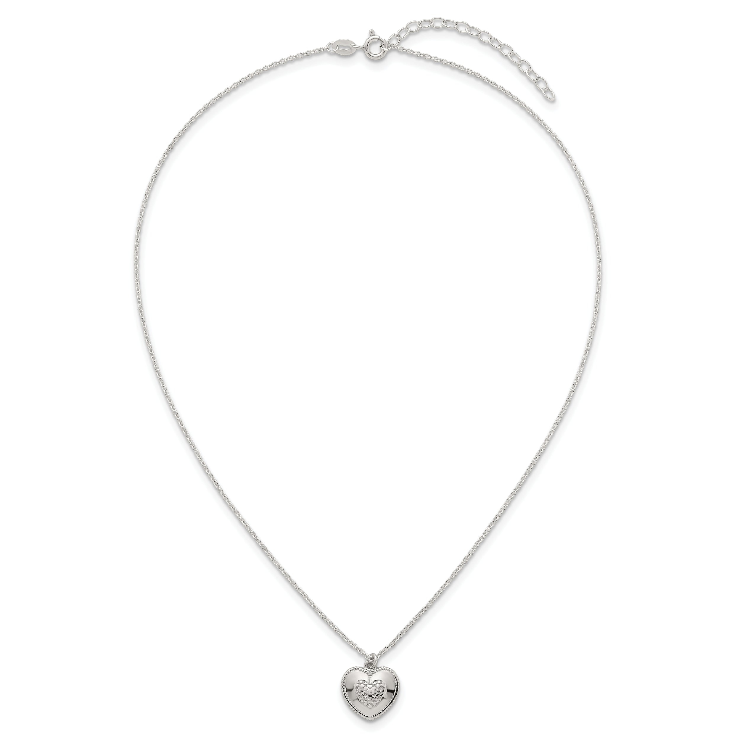 Sterling Silver Polished and Textured Heart 16 inch with 2 inch Extension Necklace