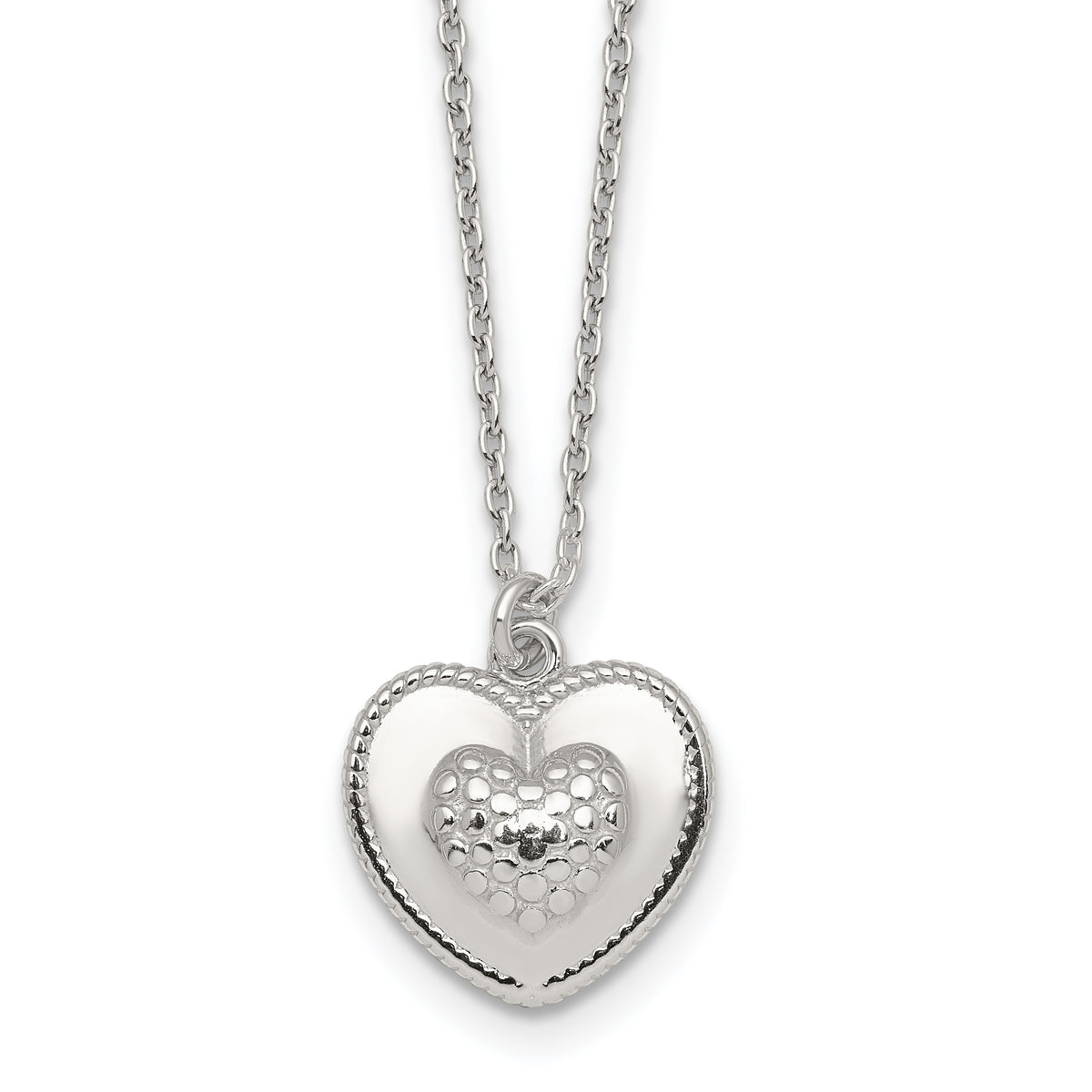 Sterling Silver Polished and Textured Heart 16 inch with 2 inch Extension Necklace