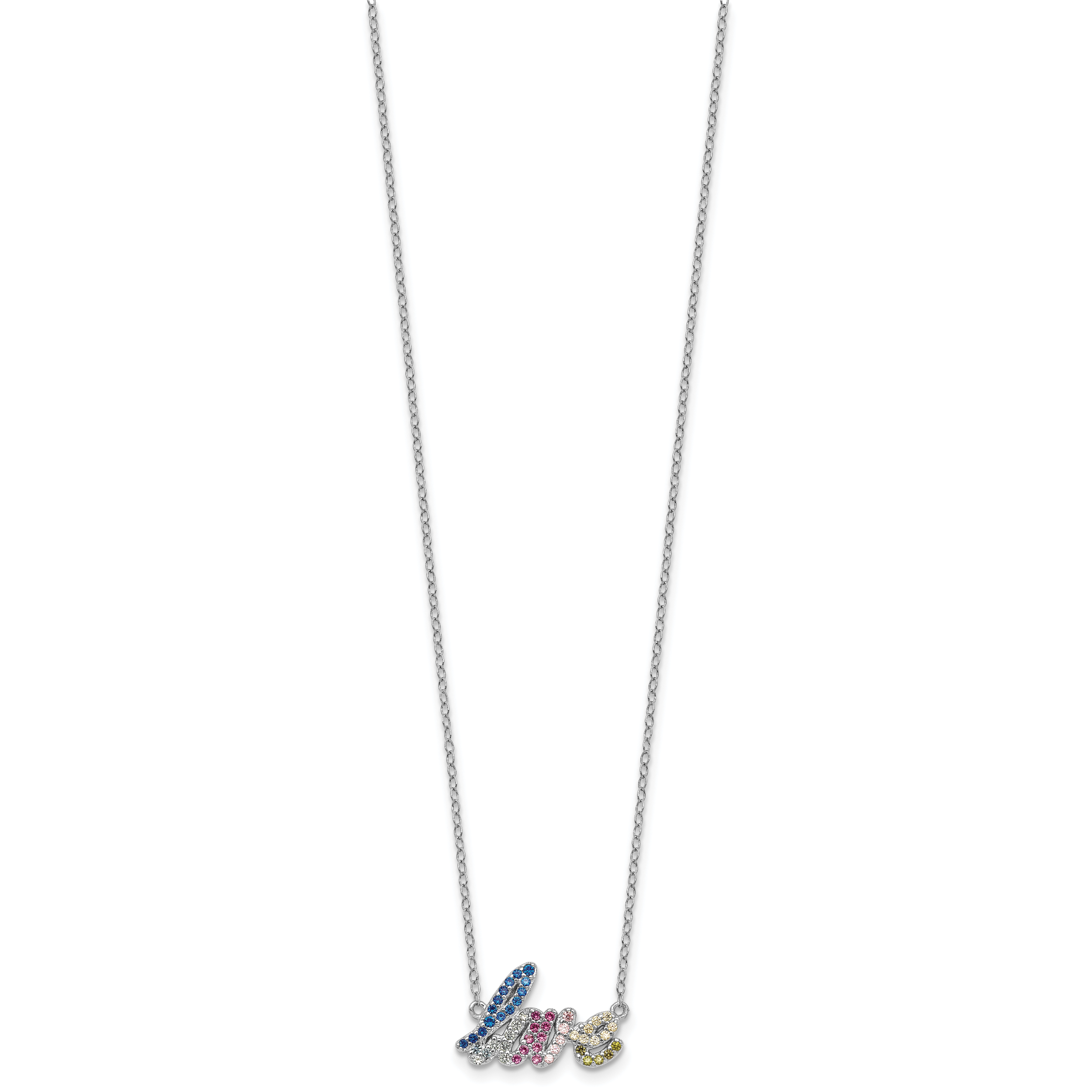 Sterling Silver Rhodium-plated Polished Multicolor CZ LOVE 16 Inch with 2 Inch Extension Necklace Secondary image