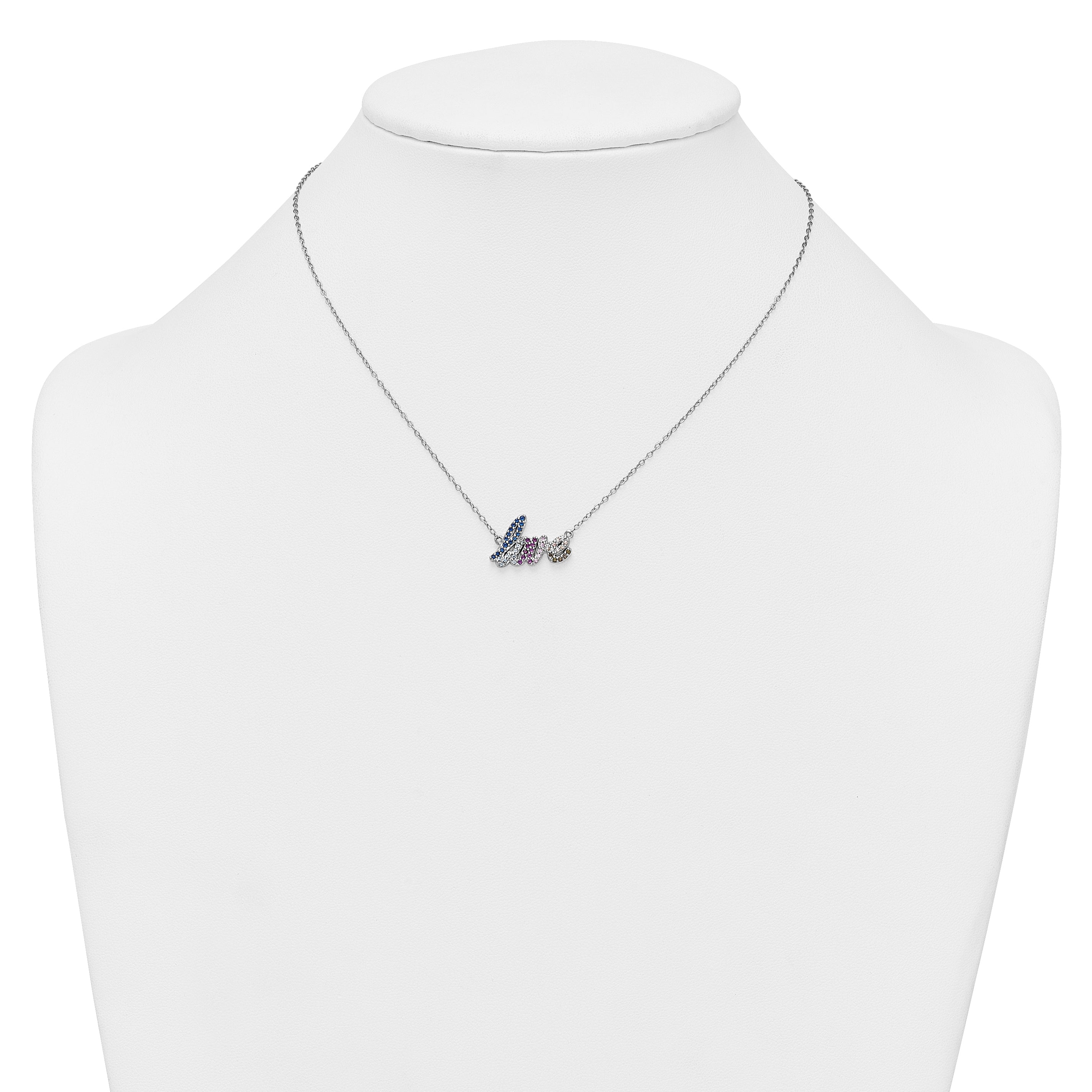 Sterling Silver Rhodium-plated Polished Multicolor CZ LOVE 16 Inch with 2 Inch Extension Necklace