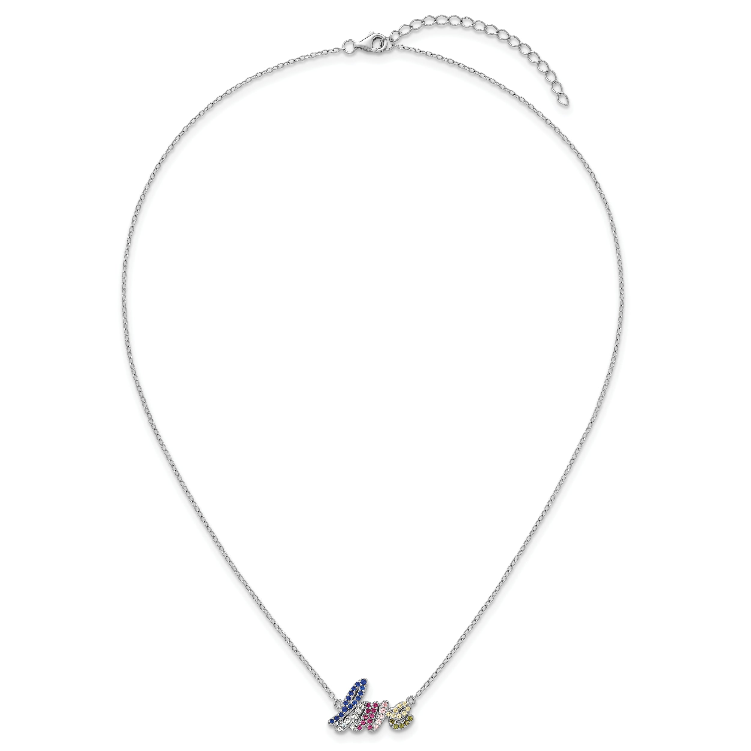 Sterling Silver Rhodium-plated Polished Multicolor CZ LOVE 16 Inch with 2 Inch Extension Necklace