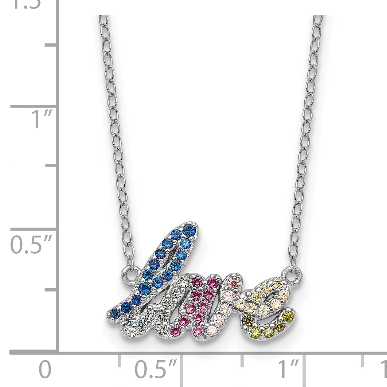 Sterling Silver Rhodium-plated Polished Multicolor CZ LOVE 16 Inch with 2 Inch Extension Necklace