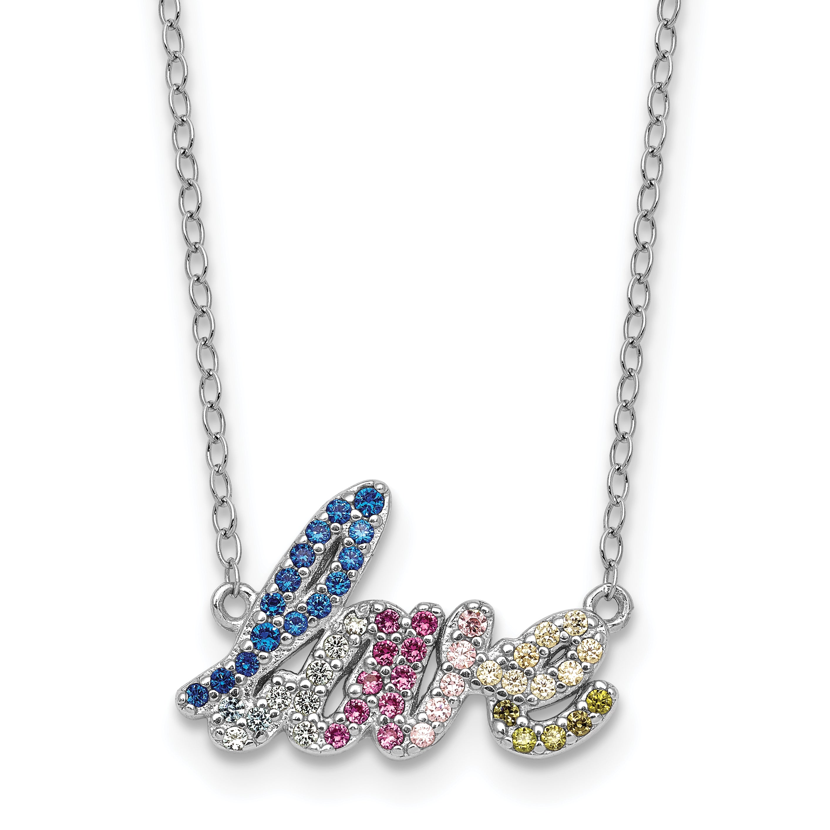 Sterling Silver Rhodium-plated Polished Multicolor CZ LOVE 16 Inch with 2 Inch Extension Necklace