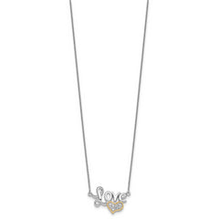 Sterling Silver Rhodium-plated with 14k Accent Polished CZ Love with Heart 16 inch with 2 inch Extension Necklace