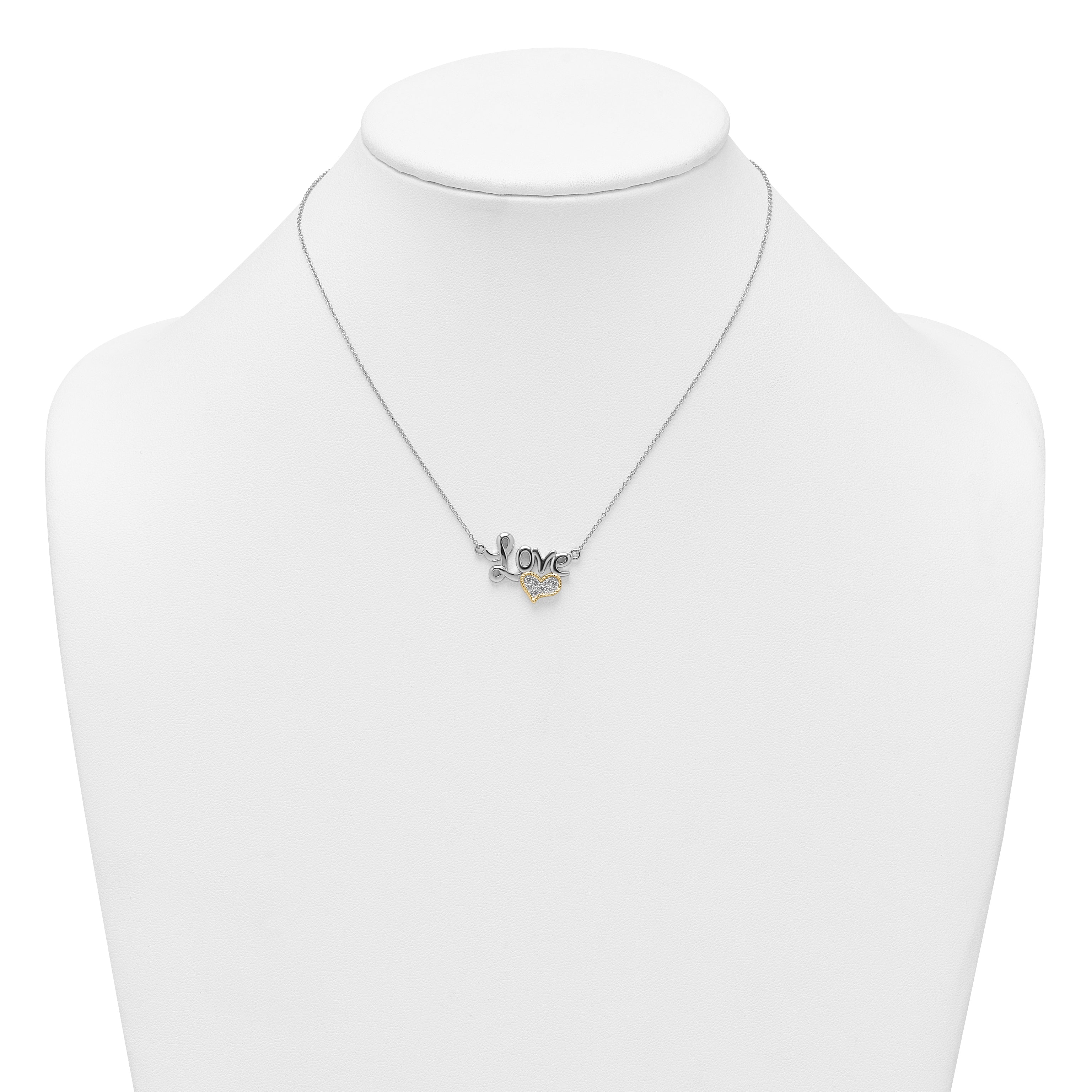 Sterling Silver Rhodium-plated with 14k Accent Polished CZ Love with Heart 16 inch with 2 inch Extension Necklace