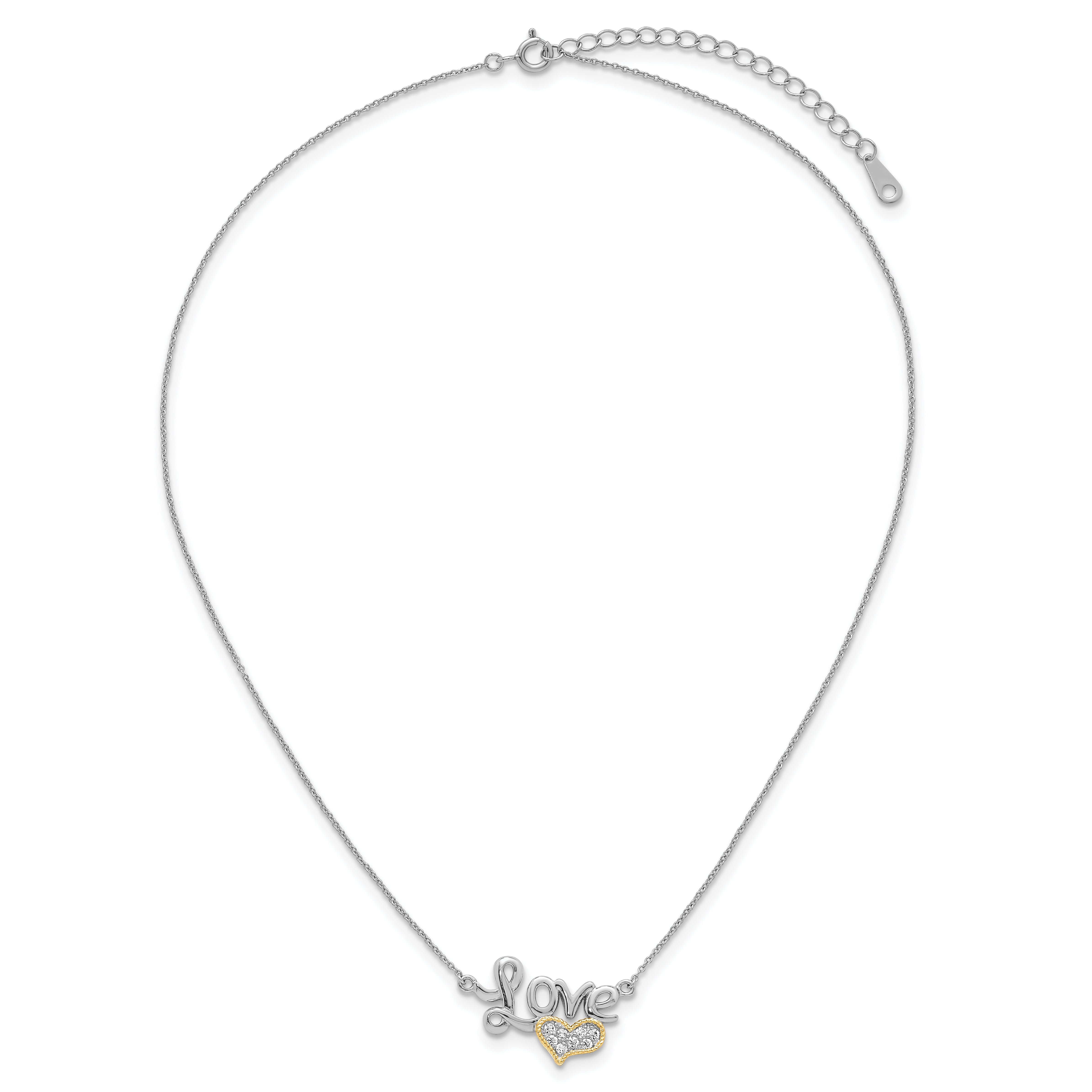 Sterling Silver Rhodium-plated with 14k Accent Polished CZ Love with Heart 16 inch with 2 inch Extension Necklace