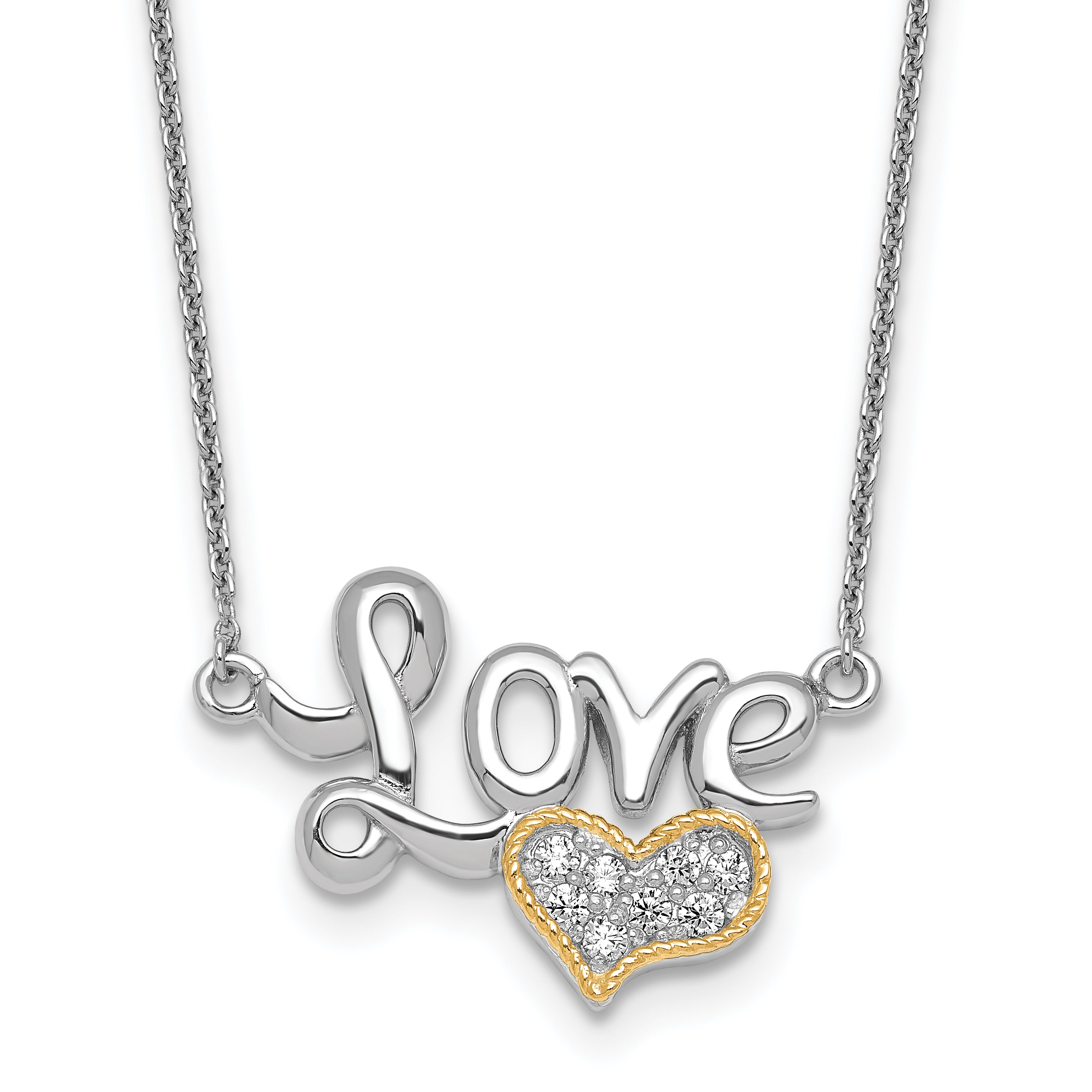 Sterling Silver Rhodium-plated with 14k Accent Polished CZ Love with Heart 16 inch with 2 inch Extension Necklace Main image