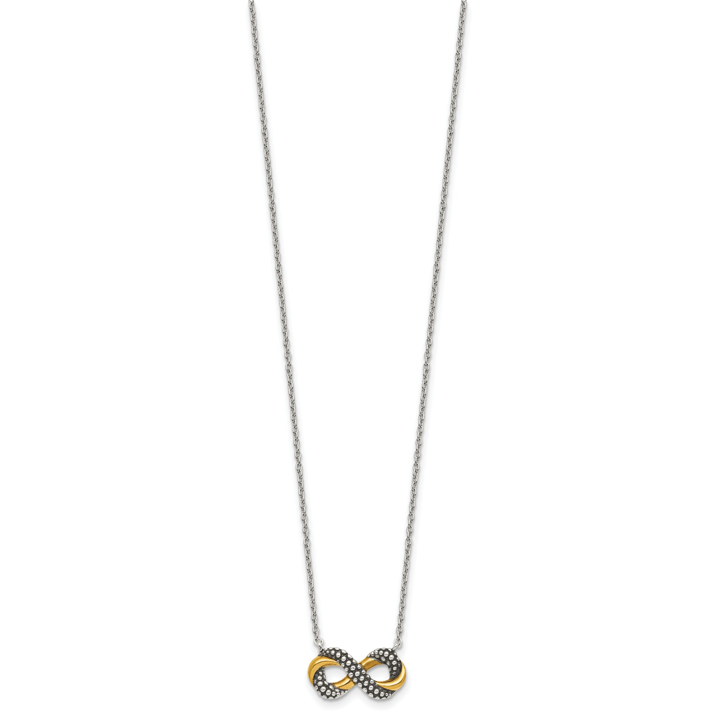 Sterling Silver with Gold-tone Polished and Antiqued Beaded Infinity Charm 16 inch Necklace