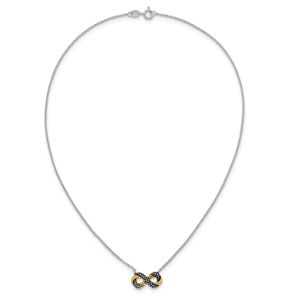 Sterling Silver with Gold-tone Polished and Antiqued Beaded Infinity Charm 16 inch Necklace