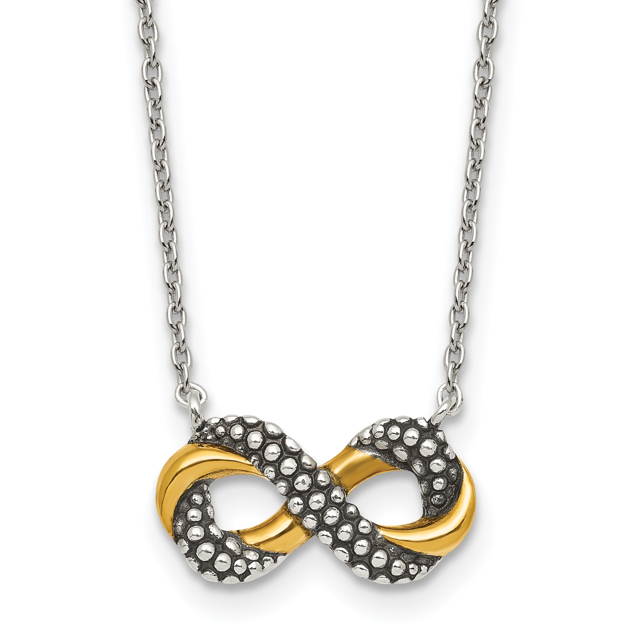 Sterling Silver with Gold-tone Polished and Antiqued Beaded Infinity Charm 16 inch Necklace