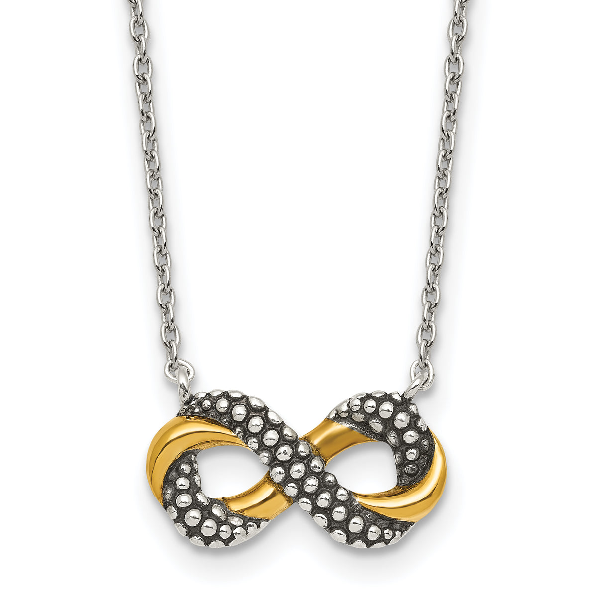 Sterling Silver with Gold-tone Polished and Antiqued Beaded Infinity Charm 16 inch Necklace