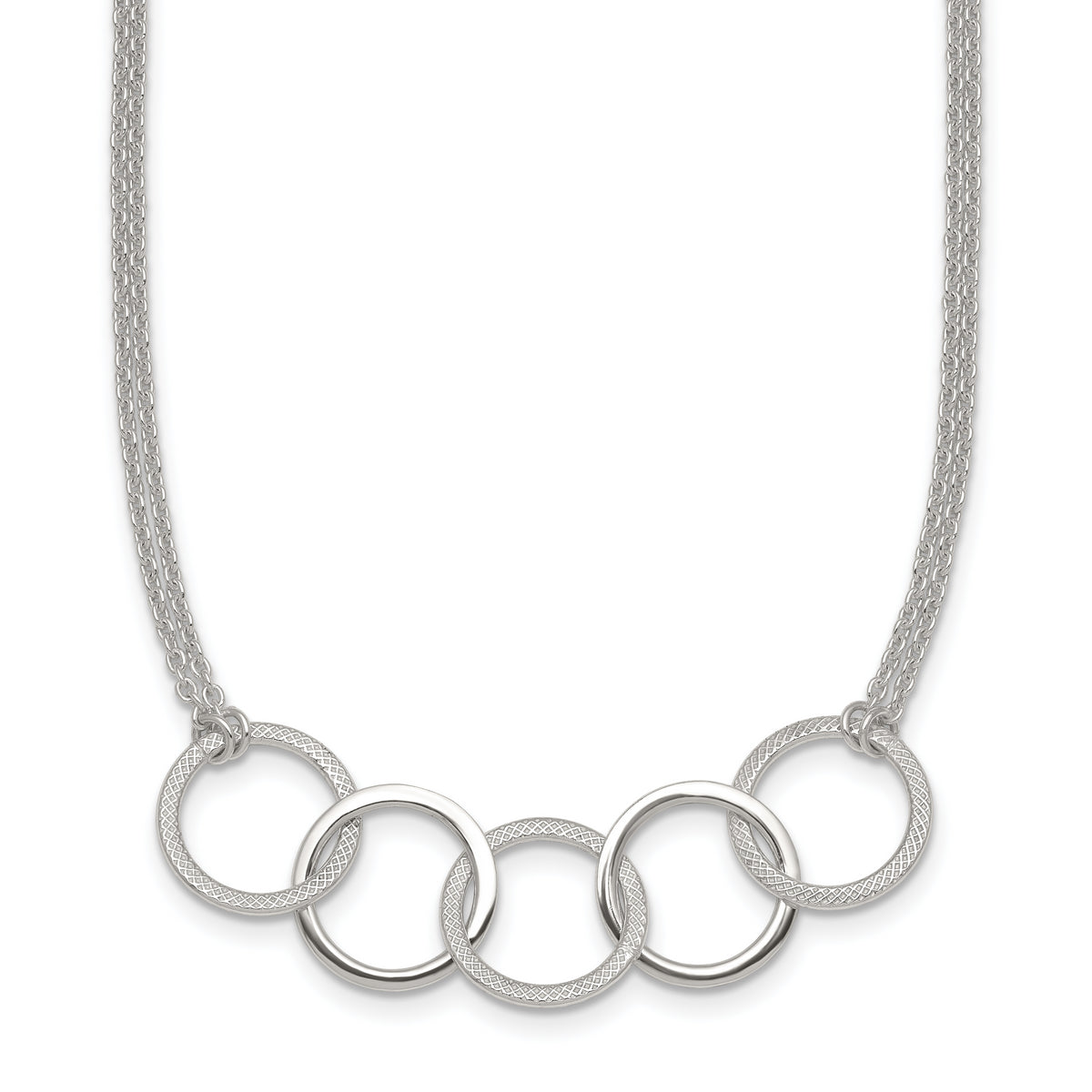 Sterling Silver Polished Textured Double Strand Interlinking Circles 16 inch Necklace