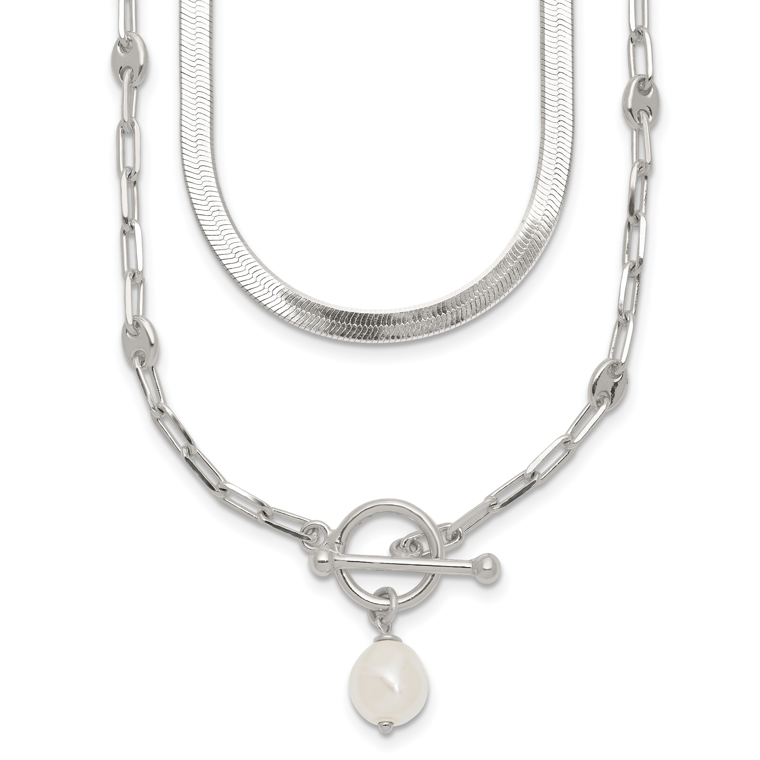 Sterling Silver Polished Baroque White Crystal Pearl Multi-strand 14 inch with 2 inch Extension Necklace Main image