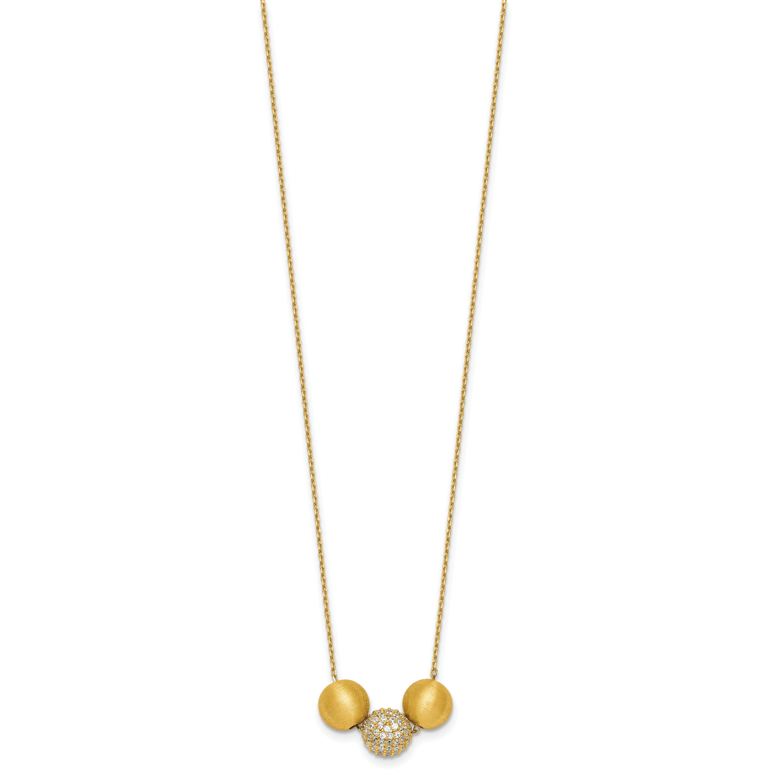 Sterling Silver Gold-Tone Polished and Brushed CZ Beads 16 Inch with 2 Inch Extension Necklace