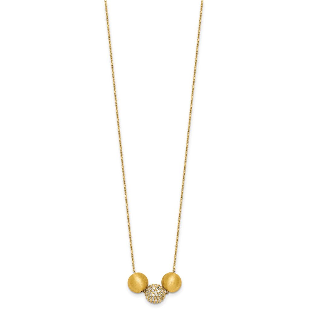 Sterling Silver Gold-Tone Polished and Brushed CZ Beads 16 Inch with 2 Inch Extension Necklace