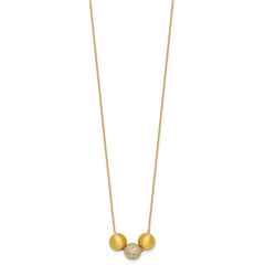 Sterling Silver Gold-Tone Polished and Brushed CZ Beads 16 Inch with 2 Inch Extension Necklace