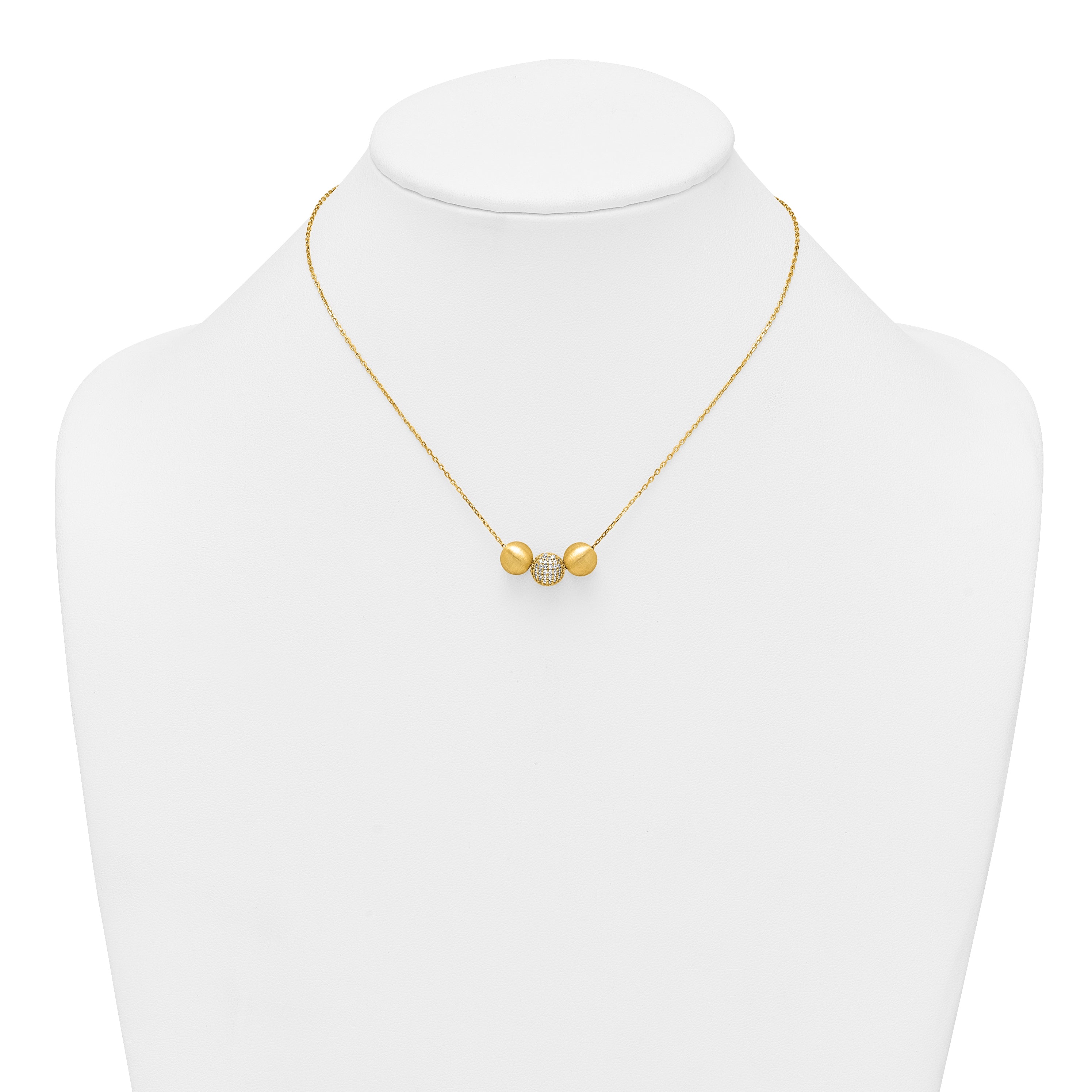 Sterling Silver Gold-Tone Polished and Brushed CZ Beads 16 Inch with 2 Inch Extension Necklace