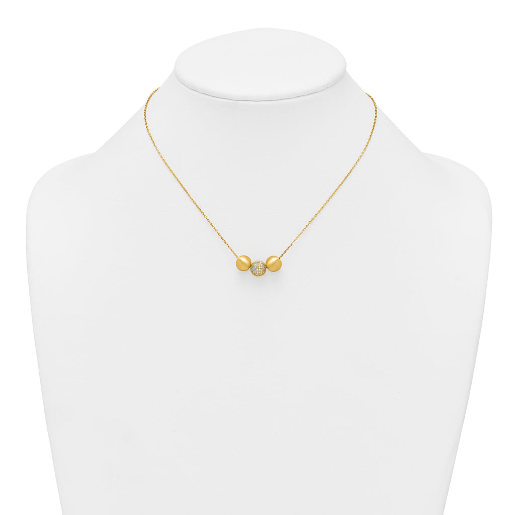 Sterling Silver Gold-Tone Polished and Brushed CZ Beads 16 Inch with 2 Inch Extension Necklace