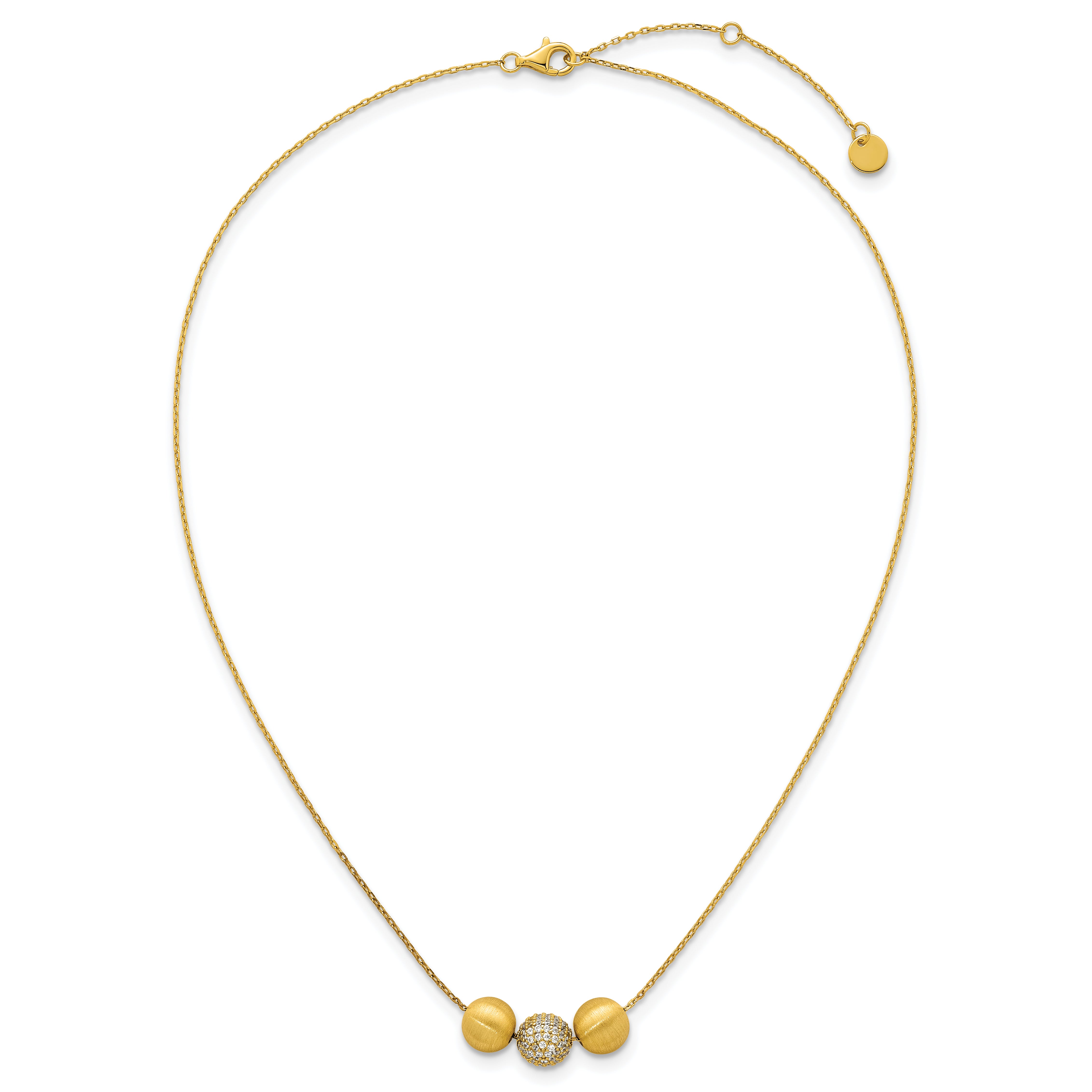 Sterling Silver Gold-Tone Polished and Brushed CZ Beads 16 Inch with 2 Inch Extension Necklace