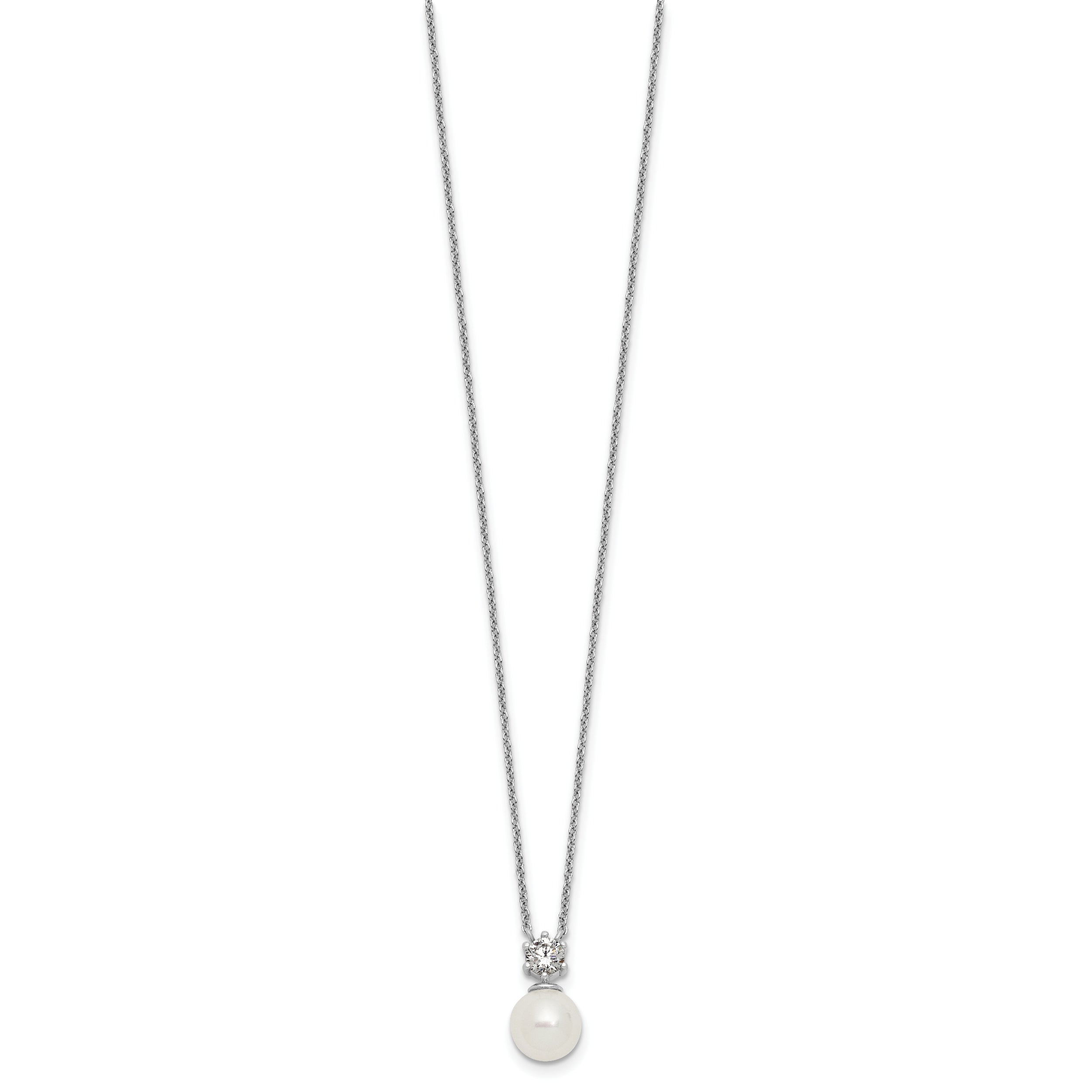 Sterling Silver Rhodium-plated Polished CZ and 7-8mm Shell Pearl 15.5 inch with 2 inch Extender Necklace