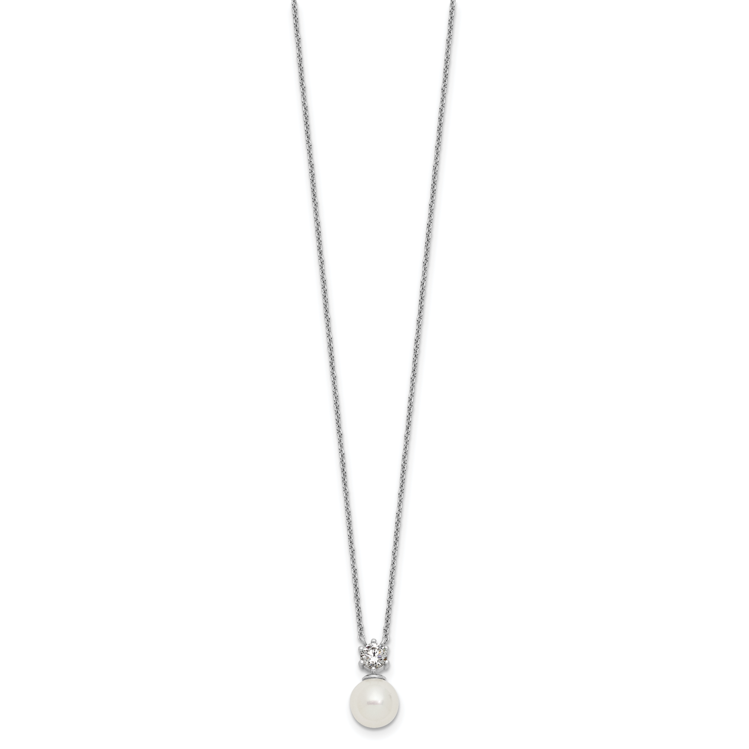 Sterling Silver Rhodium-plated Polished CZ and 7-8mm Shell Pearl 15.5 inch with 2 inch Extender Necklace Secondary image