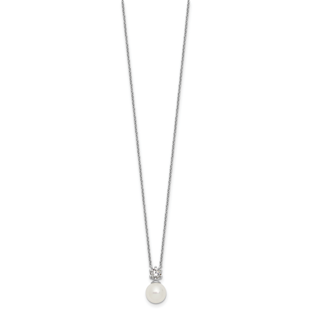 Sterling Silver Rhodium-plated Polished CZ and 7-8mm Shell Pearl 15.5 inch with 2 inch Extender Necklace