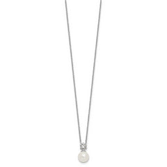 Sterling Silver Rhodium-plated Polished CZ and 7-8mm Shell Pearl 15.5 inch with 2 inch Extender Necklace