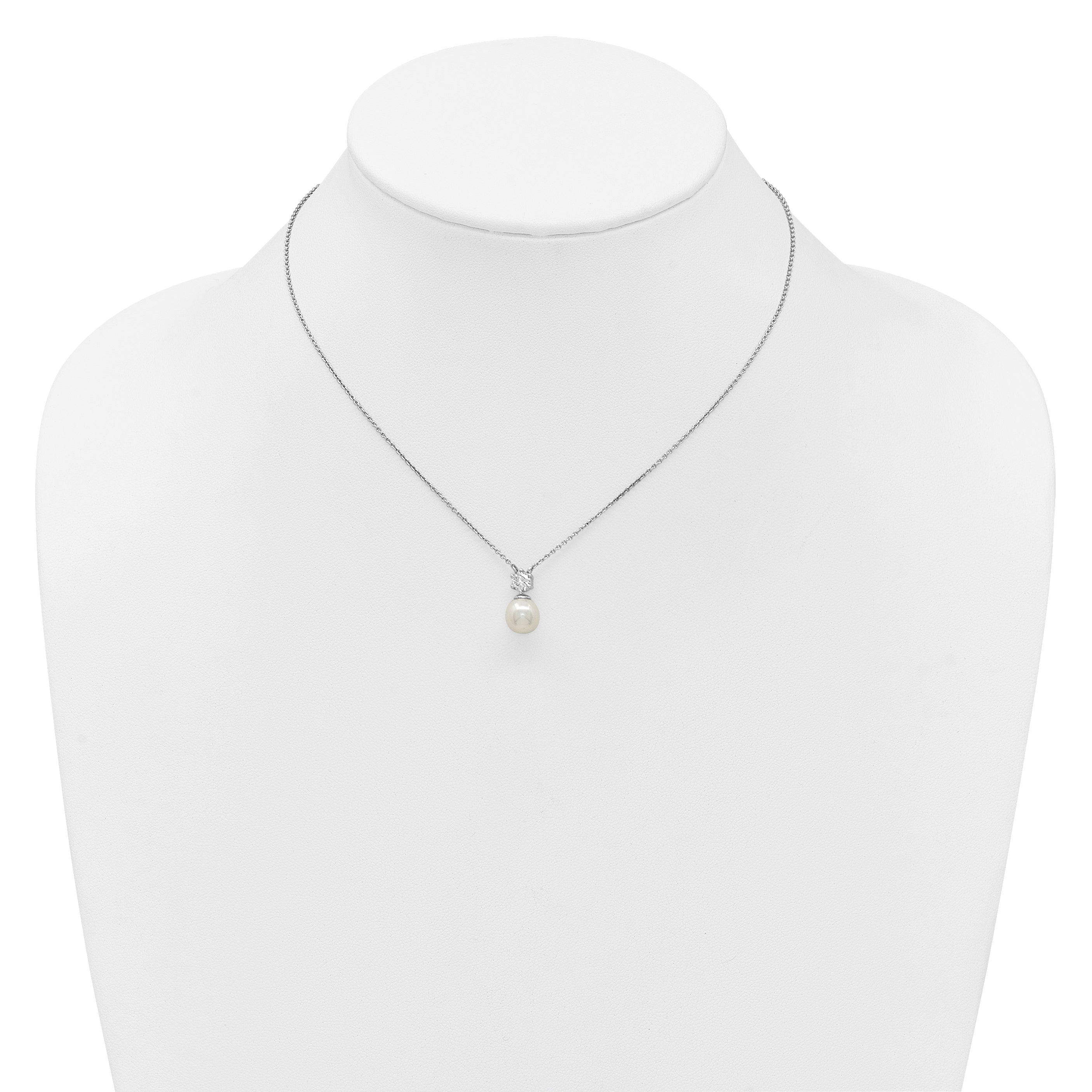 Sterling Silver Rhodium-plated Polished CZ and 7-8mm Shell Pearl 15.5 inch with 2 inch Extender Necklace