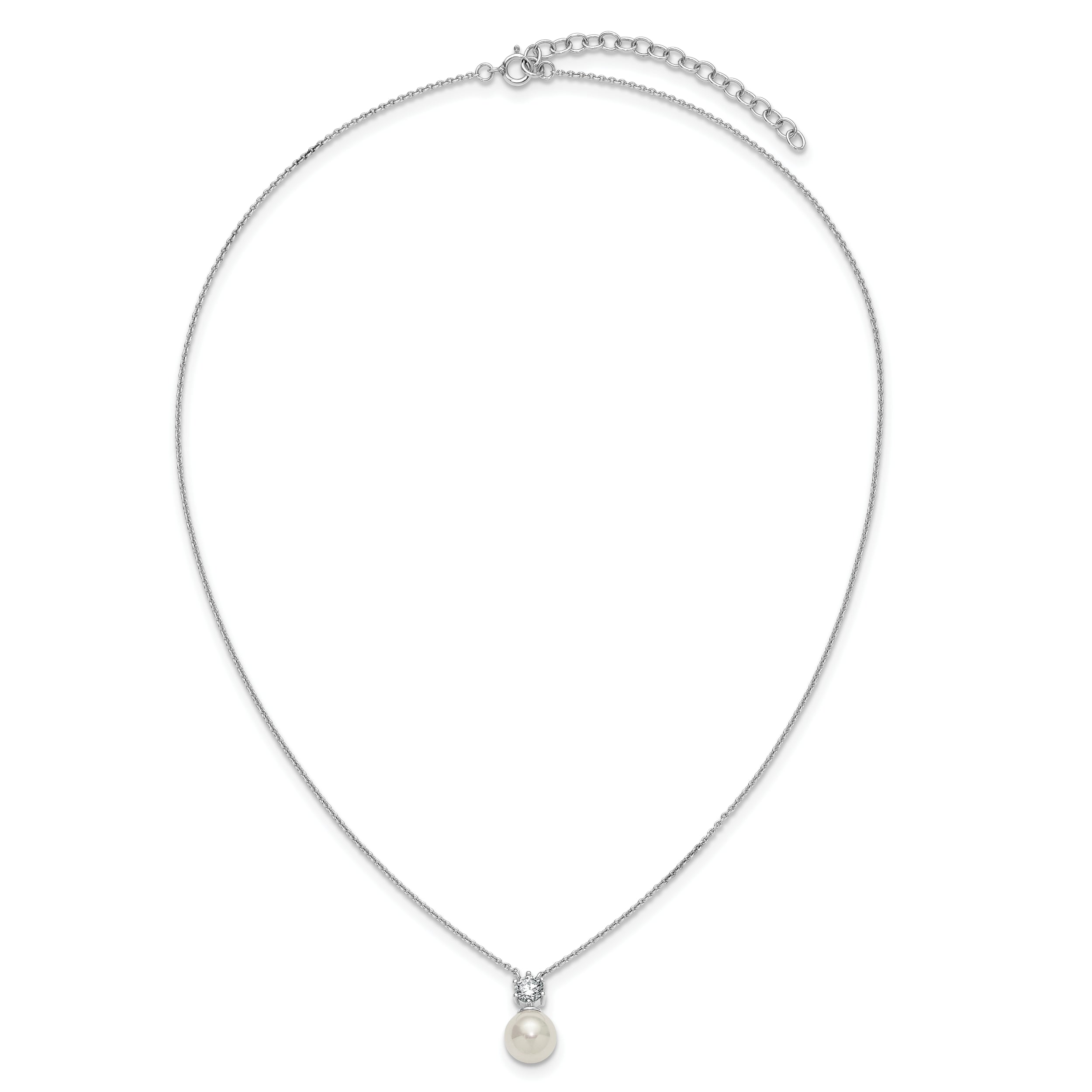 Sterling Silver Rhodium-plated Polished CZ and 7-8mm Shell Pearl 15.5 inch with 2 inch Extender Necklace