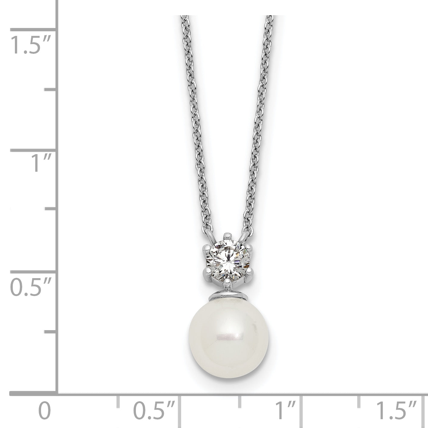 Sterling Silver Rhodium-plated Polished CZ and 7-8mm Shell Pearl 15.5 inch with 2 inch Extender Necklace