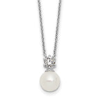Sterling Silver Rhodium-plated Polished CZ and 7-8mm Shell Pearl 15.5 inch with 2 inch Extender Necklace