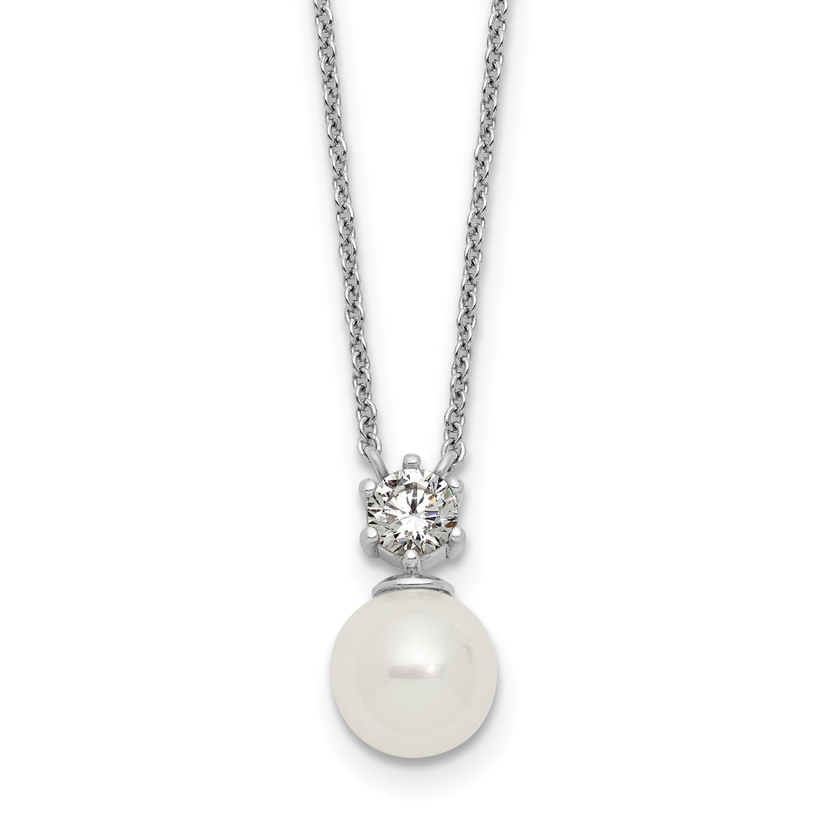 Sterling Silver Rhodium-plated Polished CZ and 7-8mm Shell Pearl 15.5 inch with 2 inch Extender Necklace