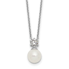 Sterling Silver Rhodium-plated Polished CZ and 7-8mm Shell Pearl 15.5 inch with 2 inch Extender Necklace