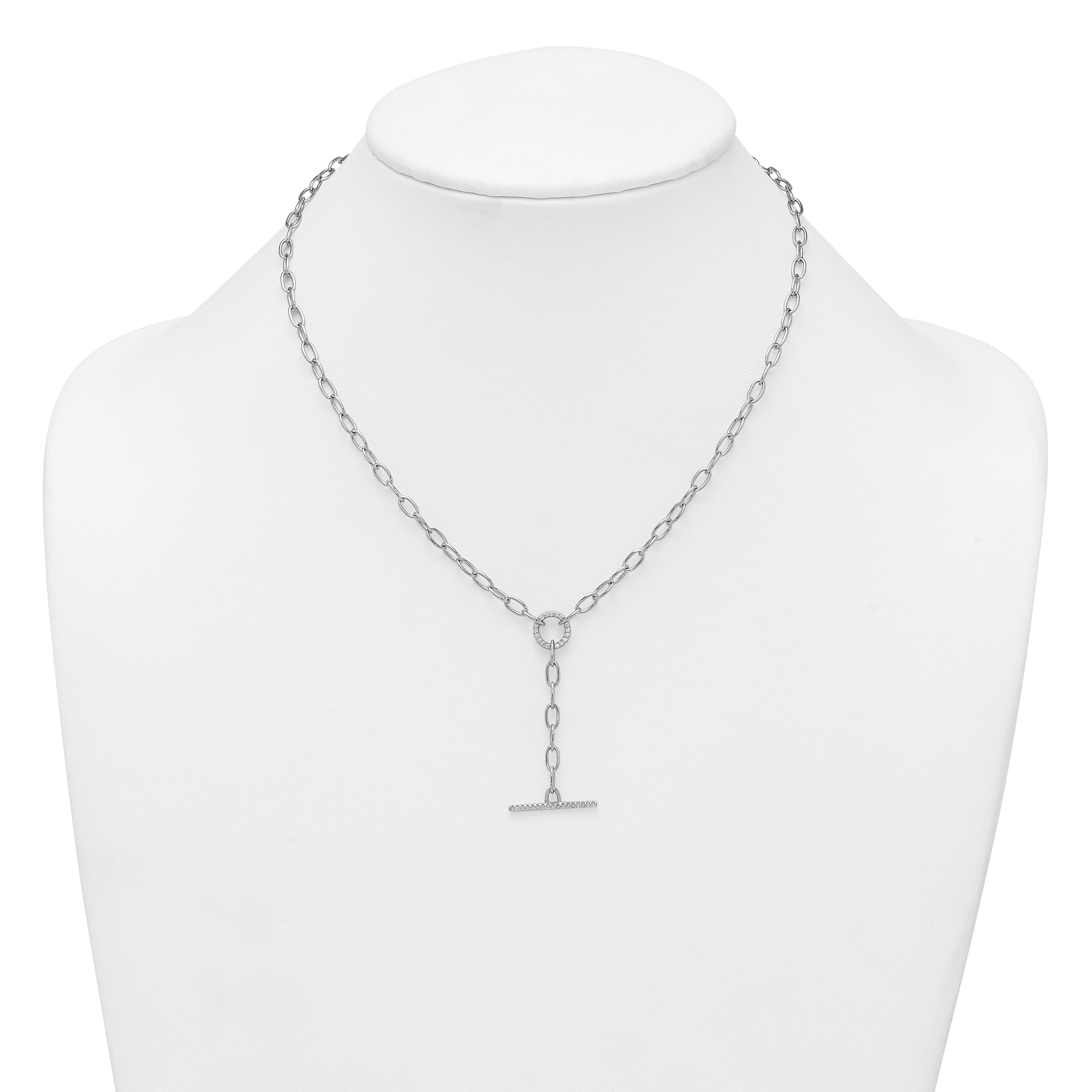 Sterling Silver Rhodium-plated Polished CZ Paperclip Lariat 17 Inch Necklace