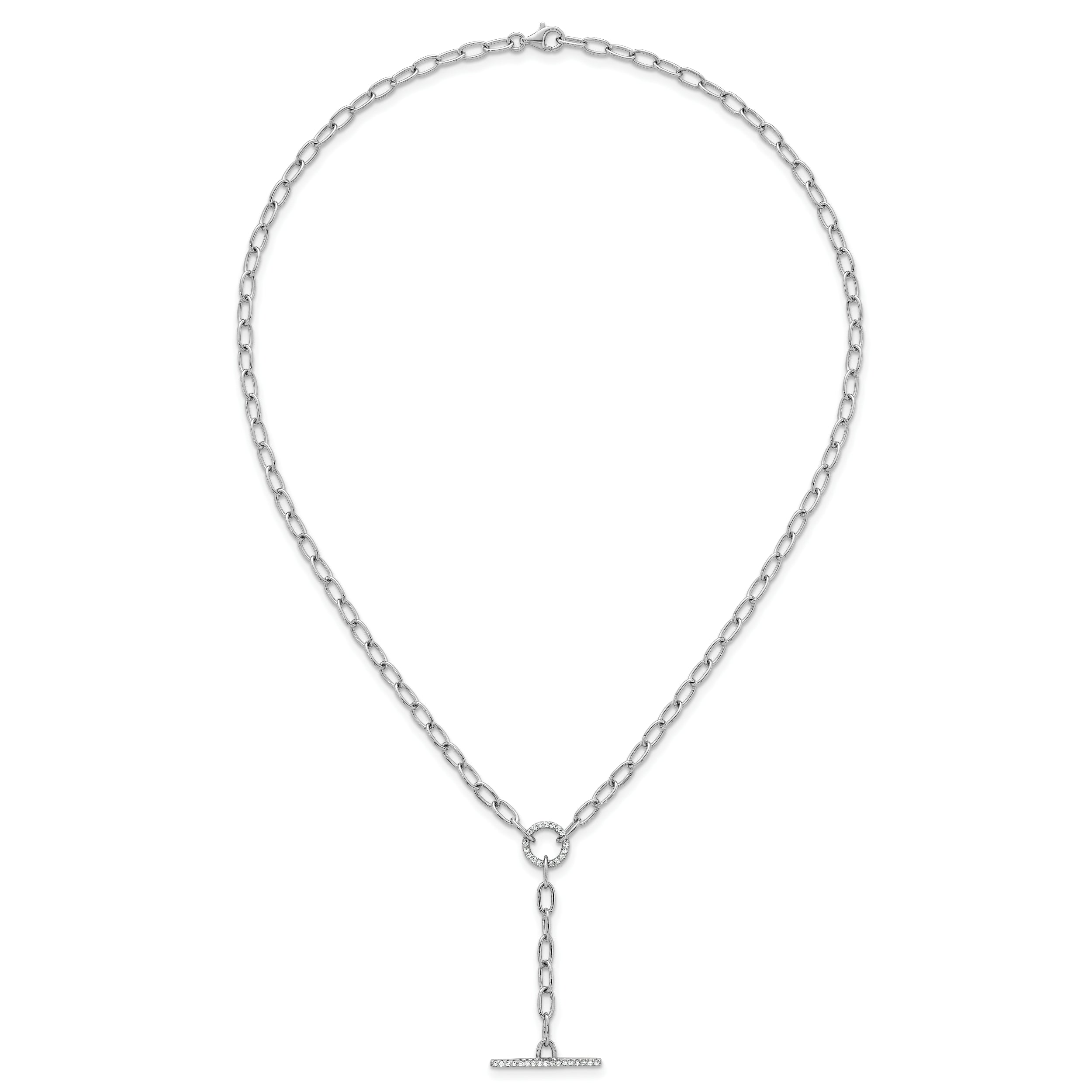 Sterling Silver Rhodium-plated Polished CZ Paperclip Lariat 17 Inch Necklace
