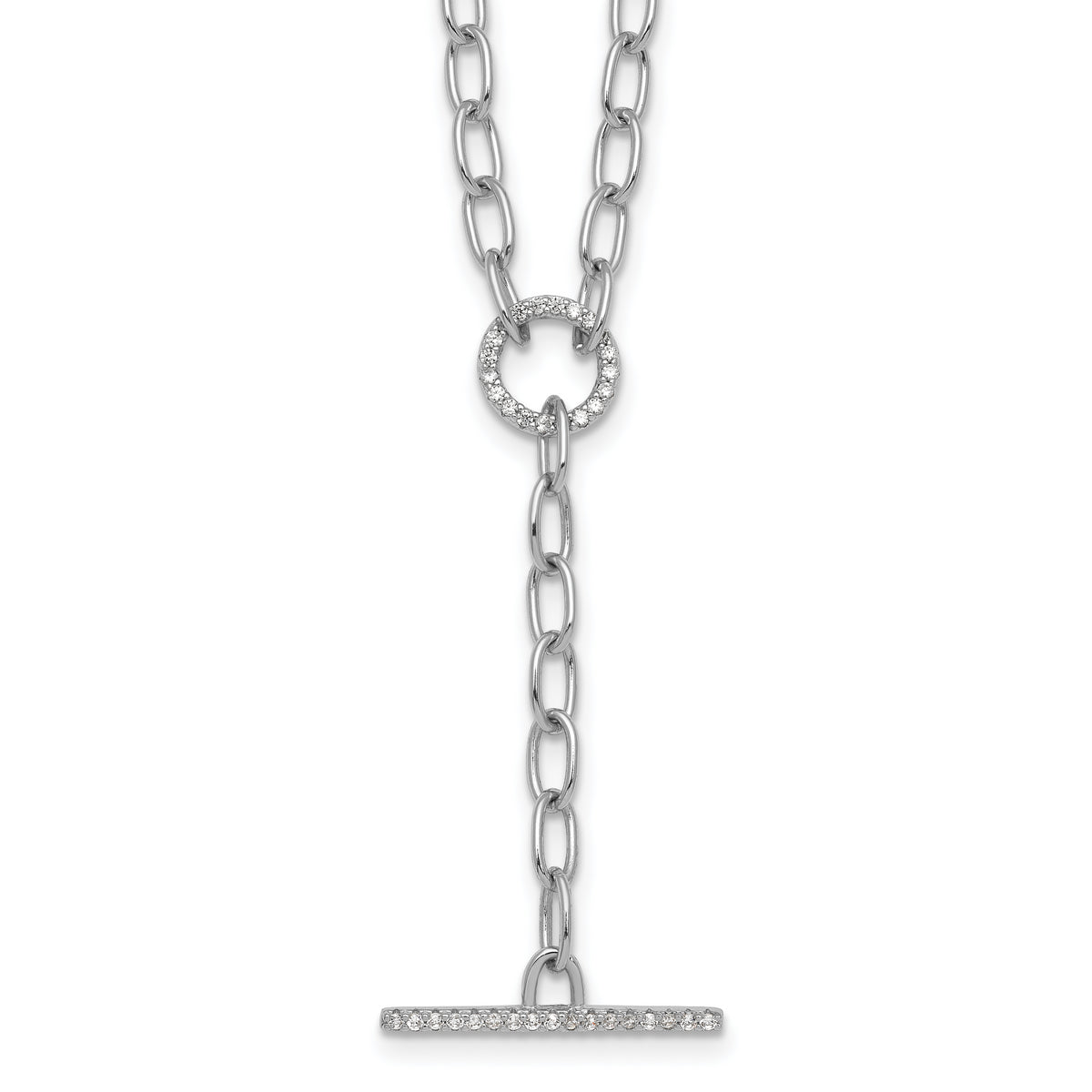 Sterling Silver Rhodium-plated Polished CZ Paperclip Lariat 17 Inch Necklace