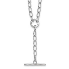 Sterling Silver Rhodium-plated Polished CZ Paperclip Lariat 17 Inch Necklace