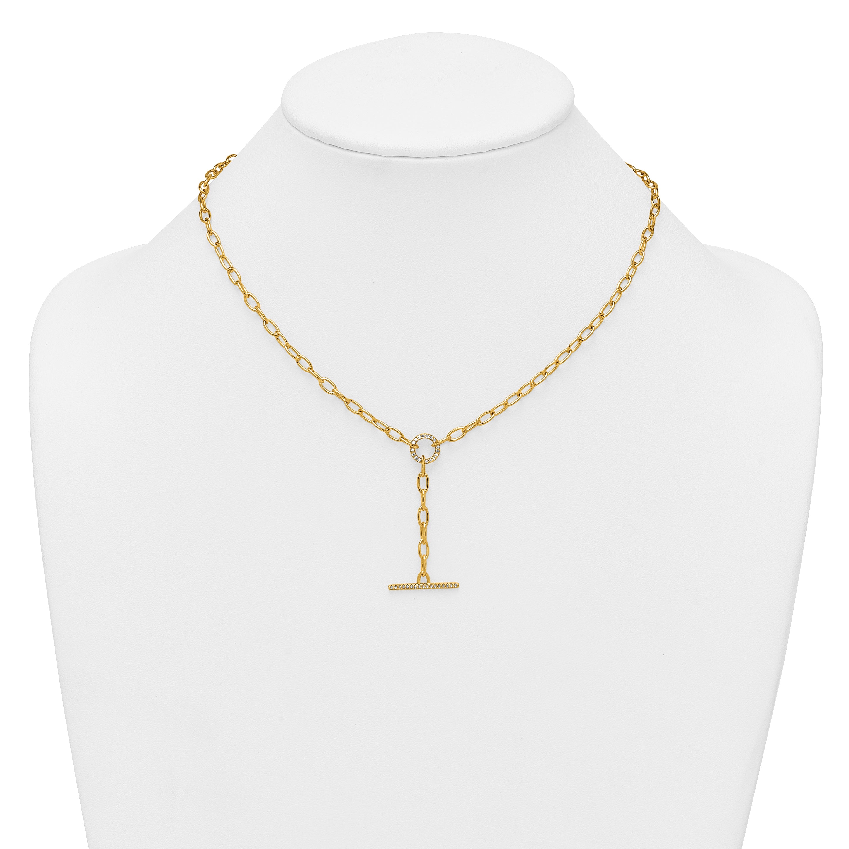 Sterling Silver Gold-tone Polished CZ Paperclip Lariat 17 Inch Necklace
