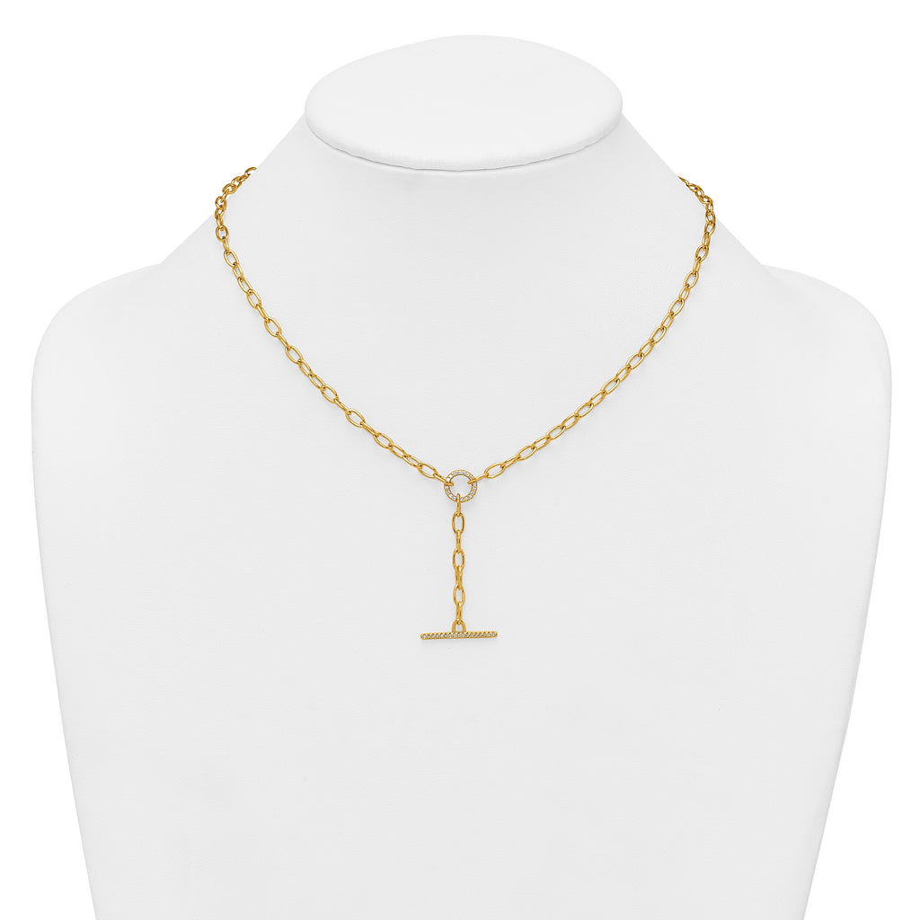 Sterling Silver Gold-tone Polished CZ Paperclip Lariat 17 Inch Necklace