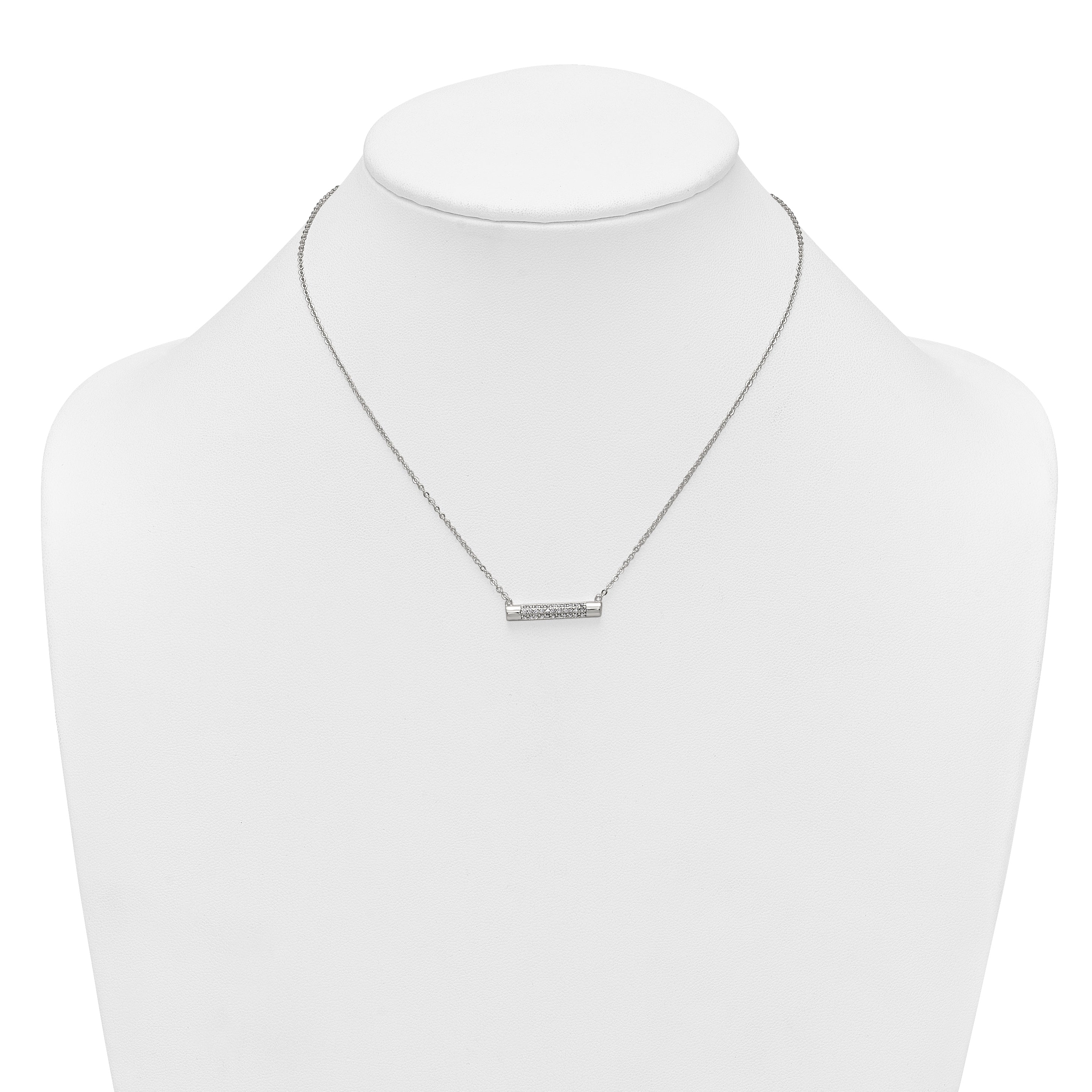 Sterling Silver Polished Pave CZ Rounded Bar 16 Inch with 2 Inch Extension Necklace
