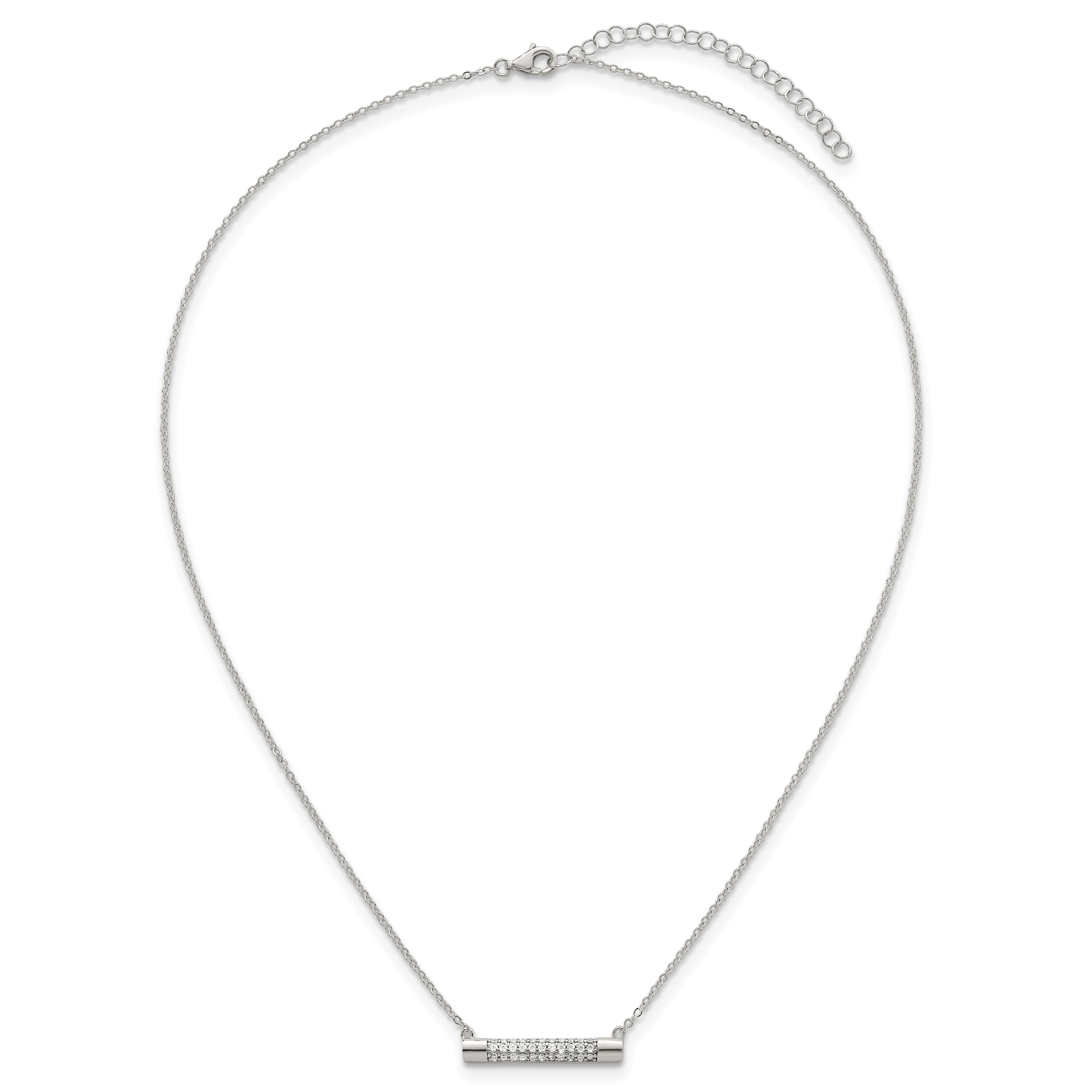 Sterling Silver Polished Pave CZ Rounded Bar 16 Inch with 2 Inch Extension Necklace