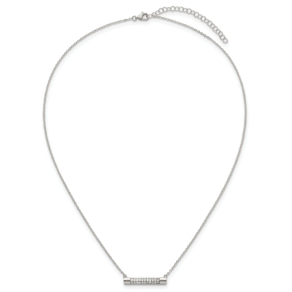 Sterling Silver Polished Pave CZ Rounded Bar 16 Inch with 2 Inch Extension Necklace