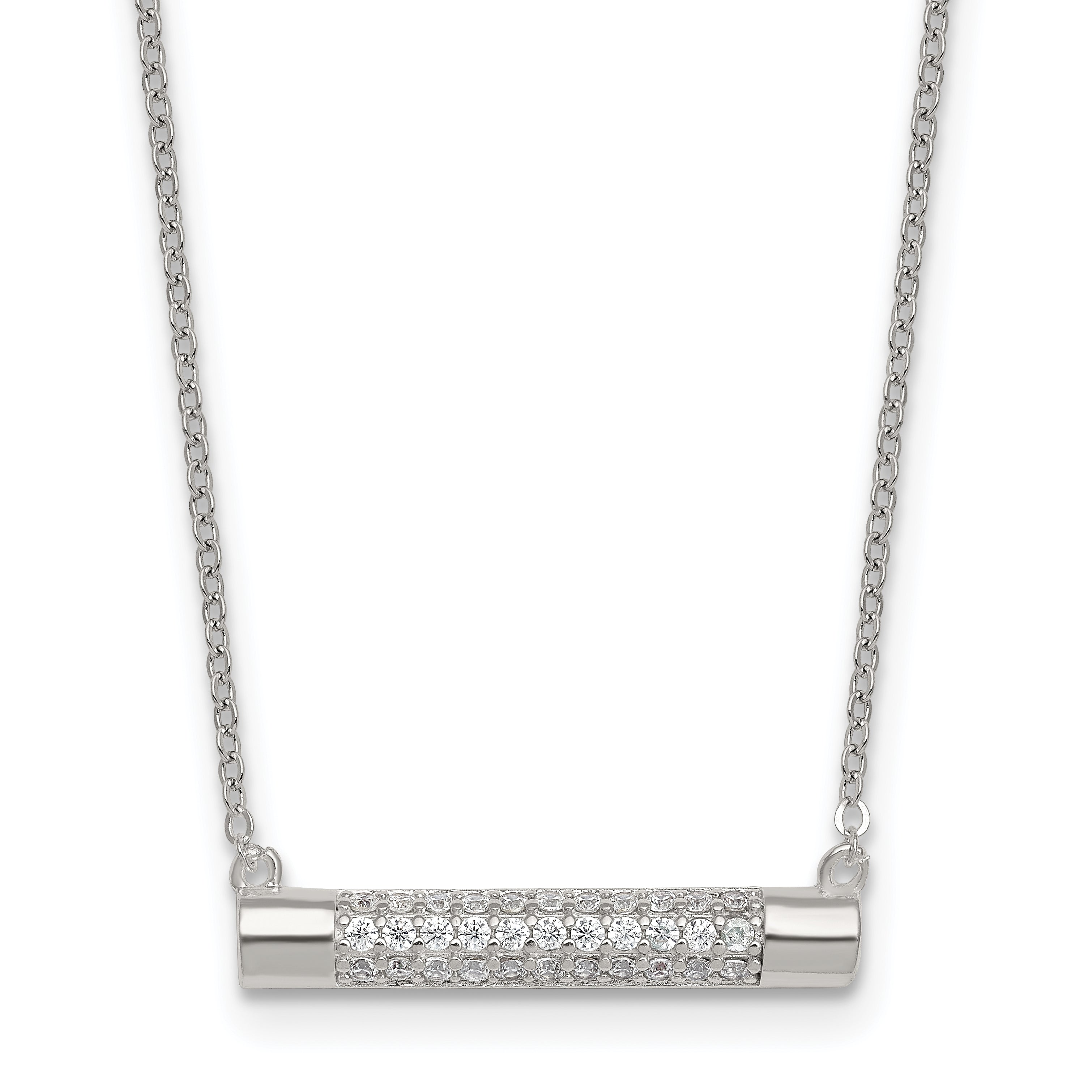 Sterling Silver Polished Pave CZ Rounded Bar 16 Inch with 2 Inch Extension Necklace