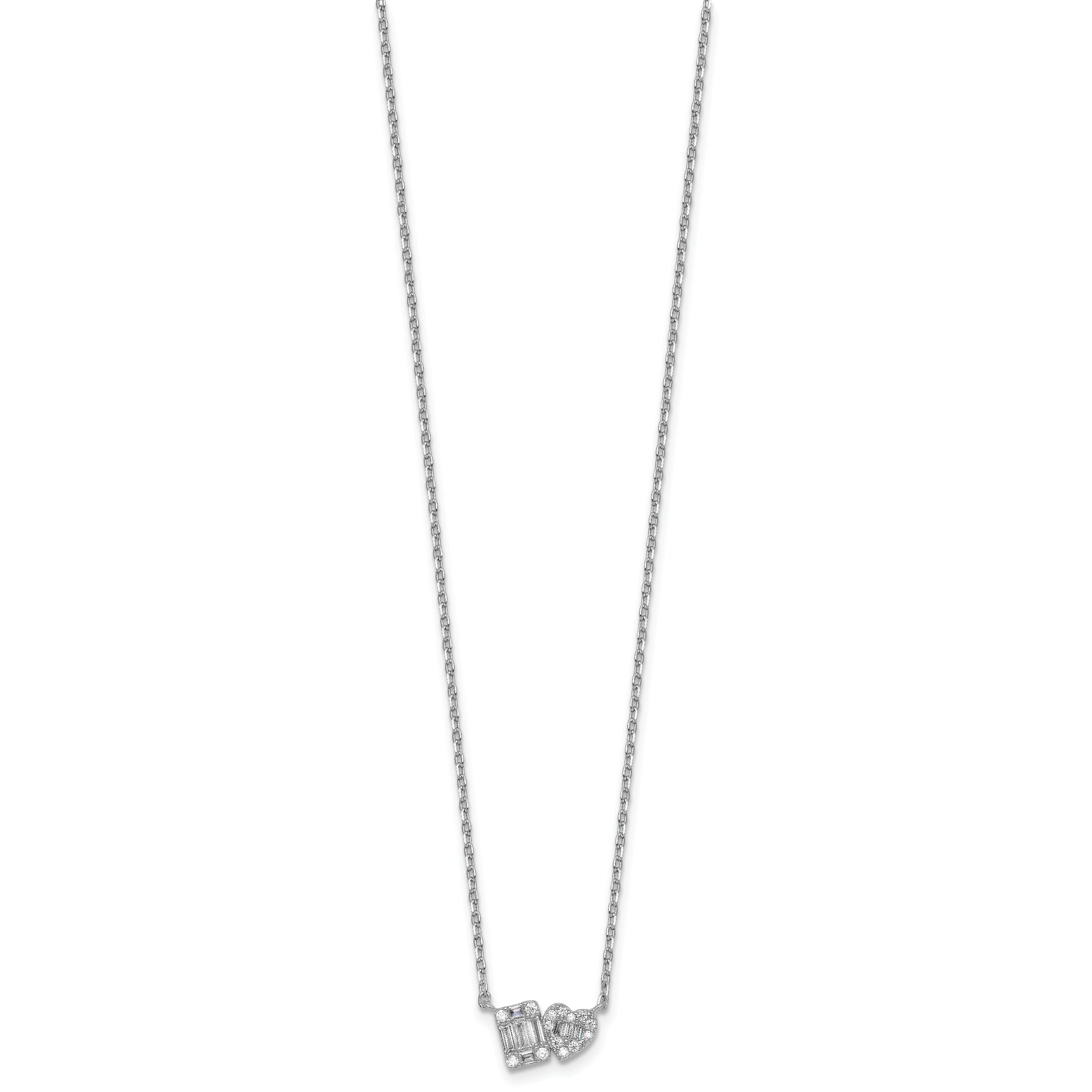 Sterling Silver Rhodium-plated Polished Heart and Rectangle with Round and Baguette CZ 16 Inch with 2 Inch Extension Necklace