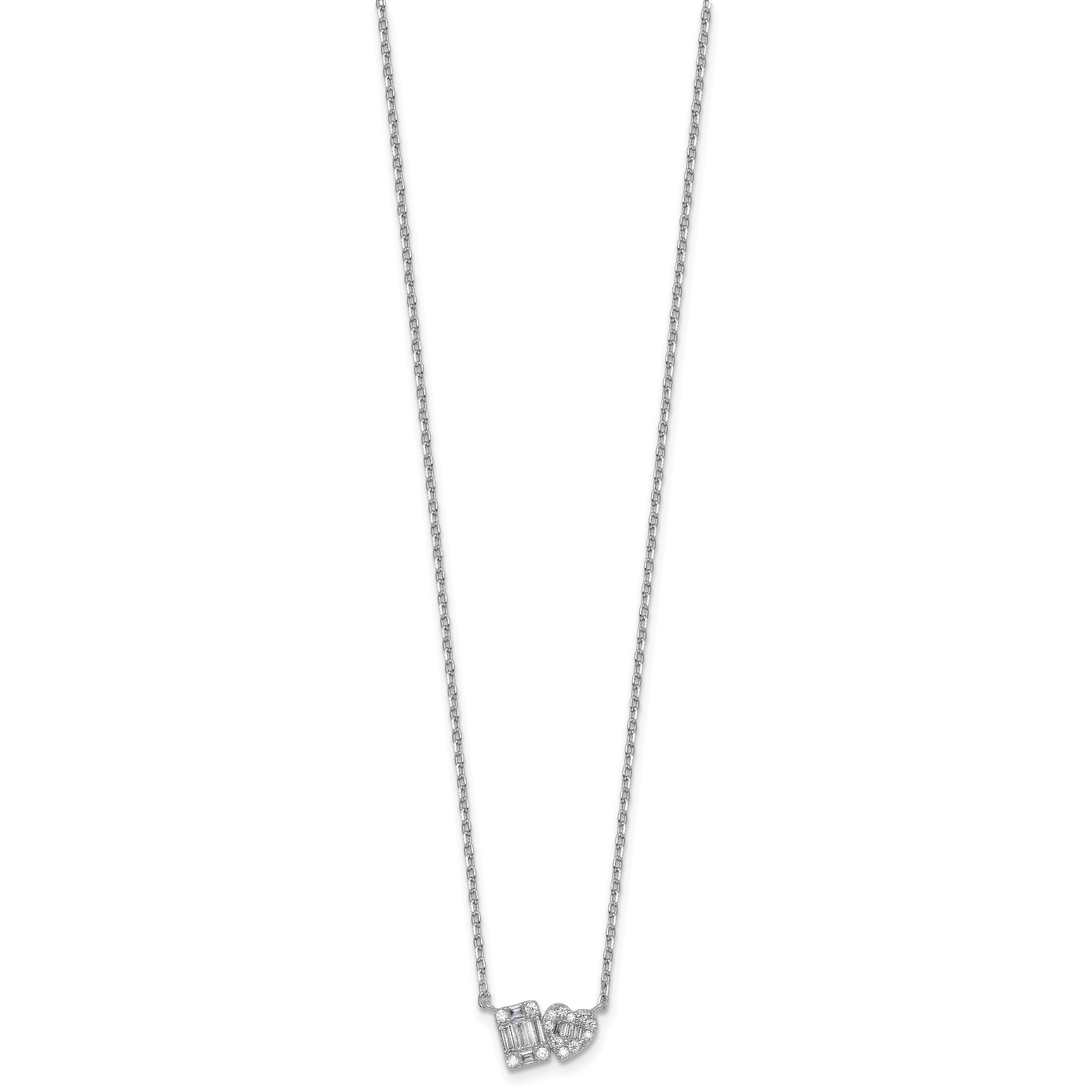 Sterling Silver Rhodium-plated Polished Heart and Rectangle with Round and Baguette CZ 16 Inch with 2 Inch Extension Necklace Secondary image