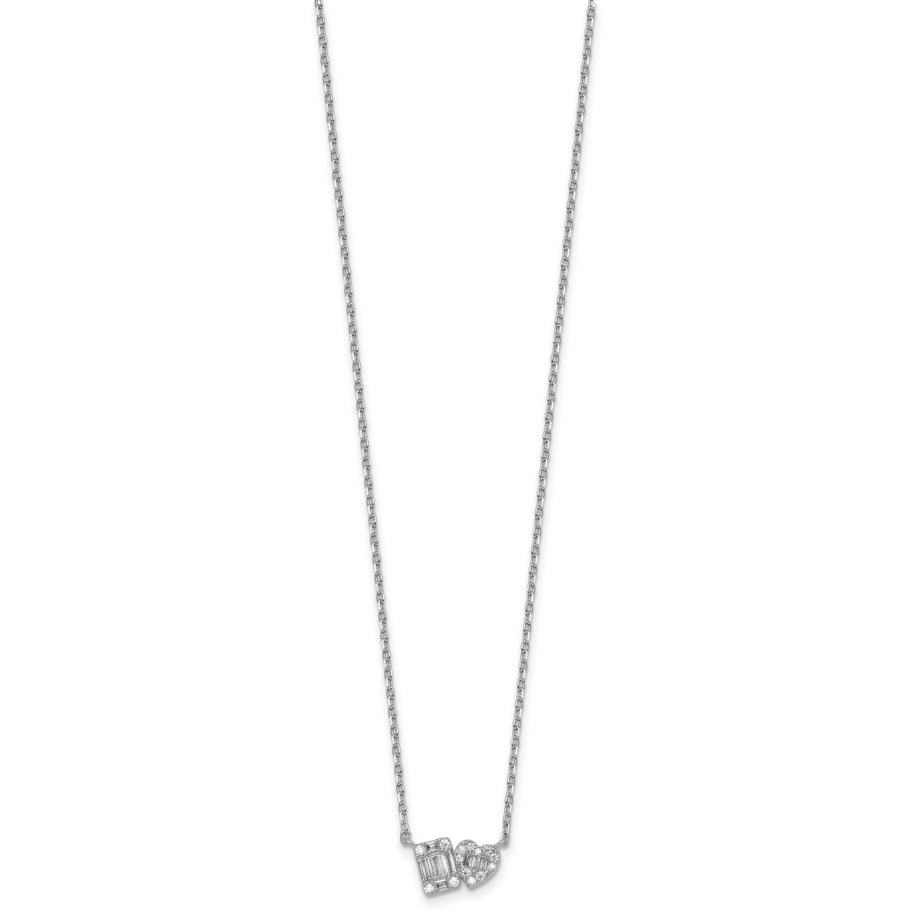 Sterling Silver Rhodium-plated Polished Heart and Rectangle with Round and Baguette CZ 16 Inch with 2 Inch Extension Necklace
