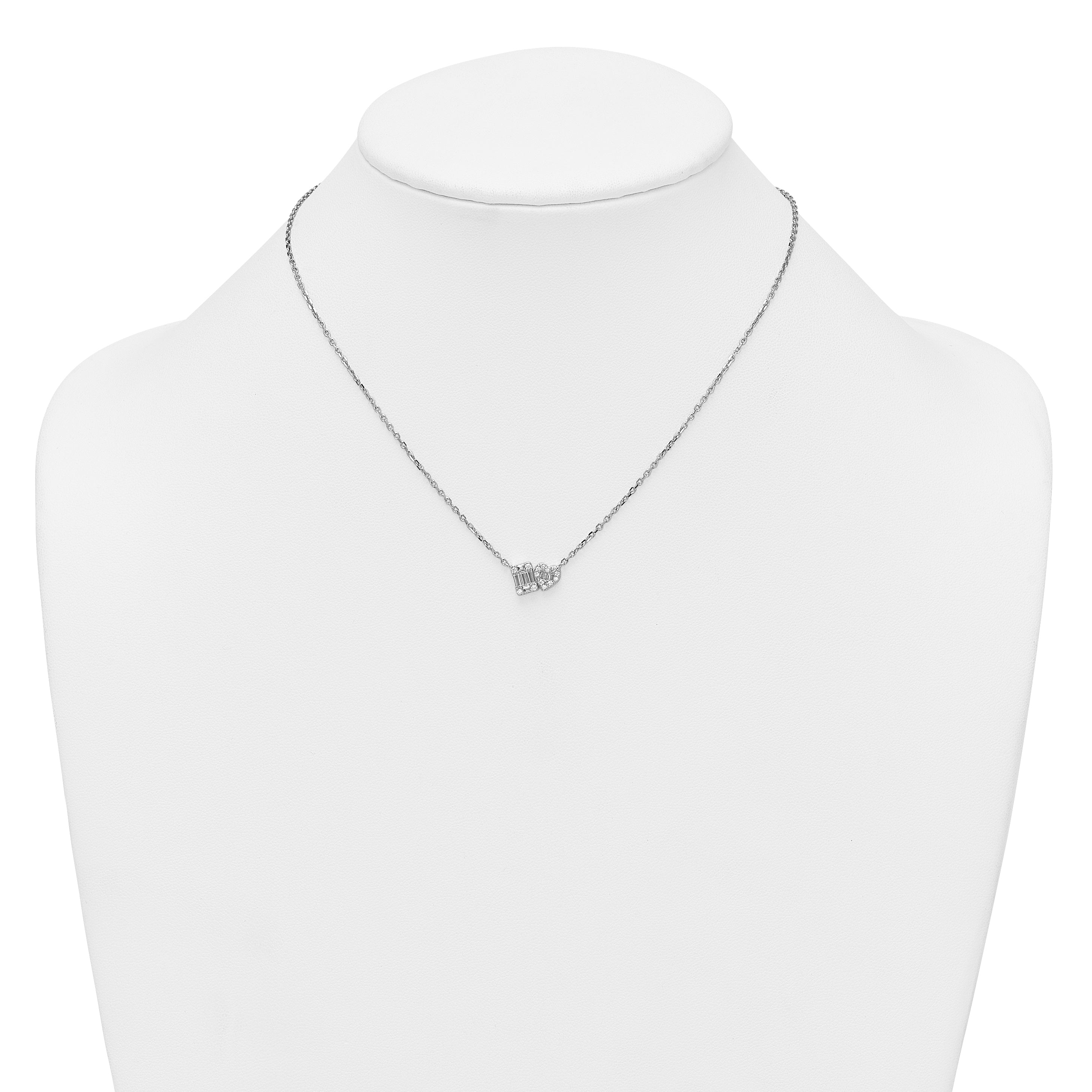 Sterling Silver Rhodium-plated Polished Heart and Rectangle with Round and Baguette CZ 16 Inch with 2 Inch Extension Necklace